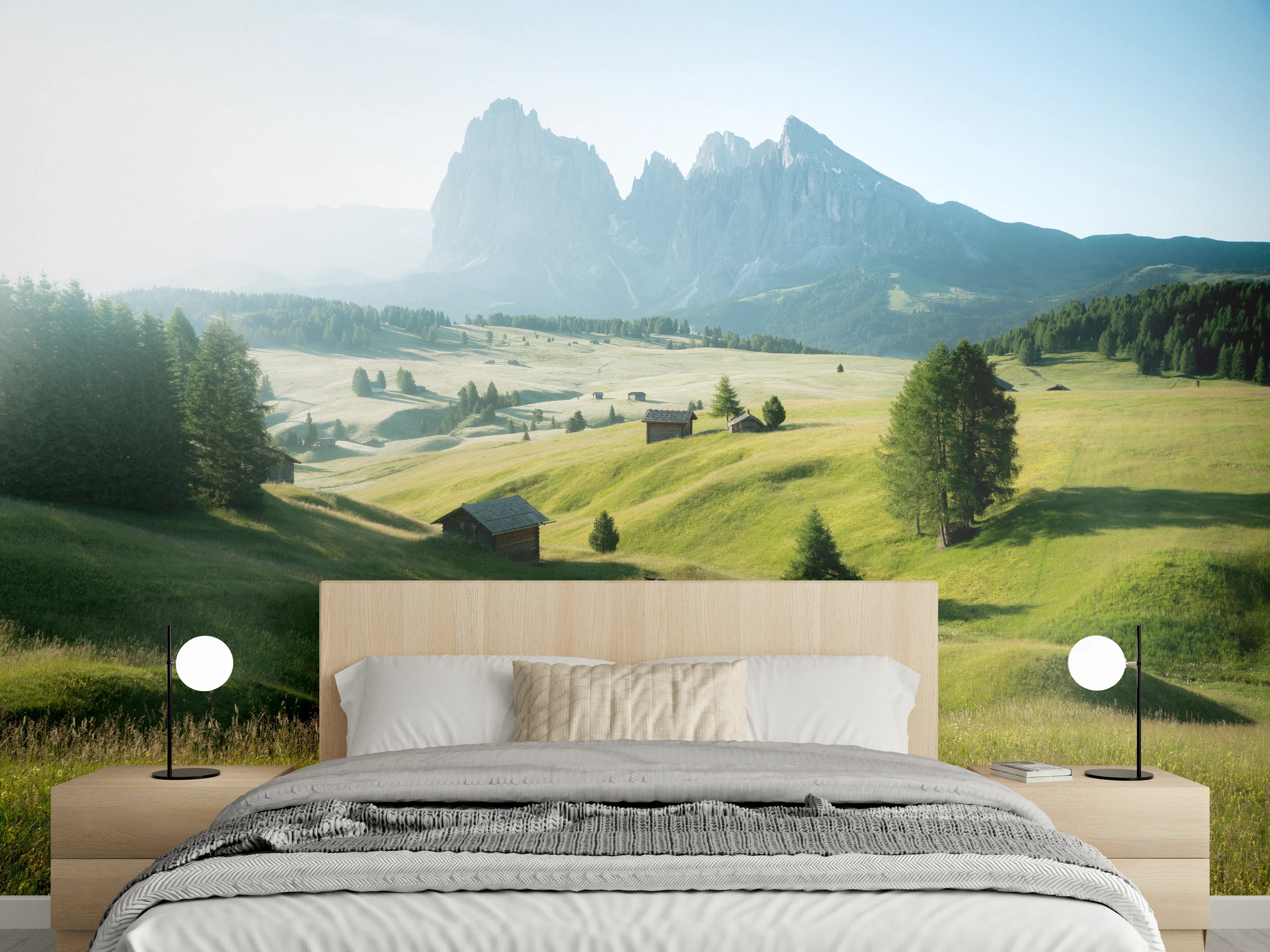 Wandverkleidung Schlafzimmer - Dolomiten Panorama: Sonnige Bergwiese