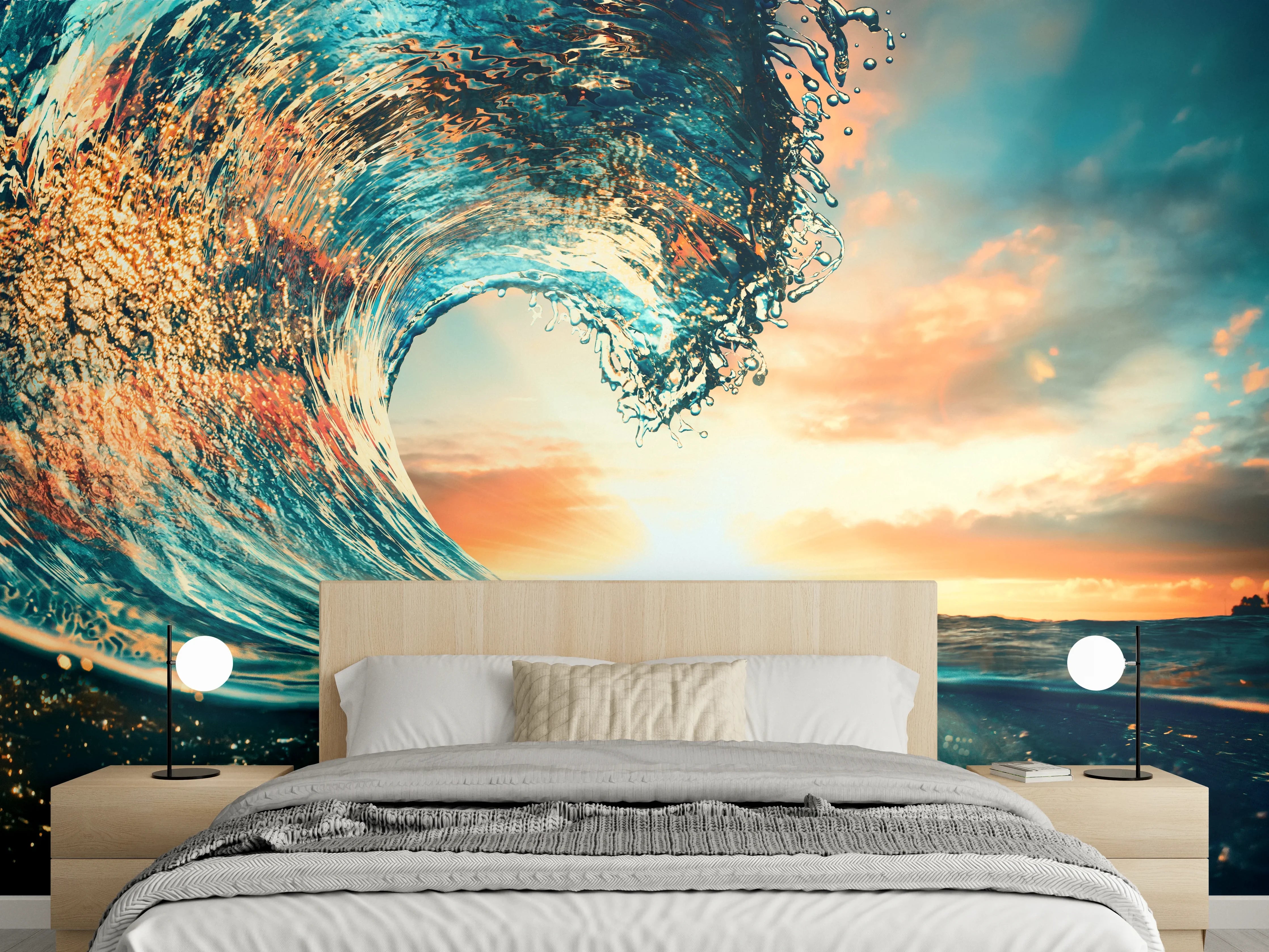 Wandverkleidung Schlafzimmer - Dramatische Welle bei Sonnenuntergang Fotokunst