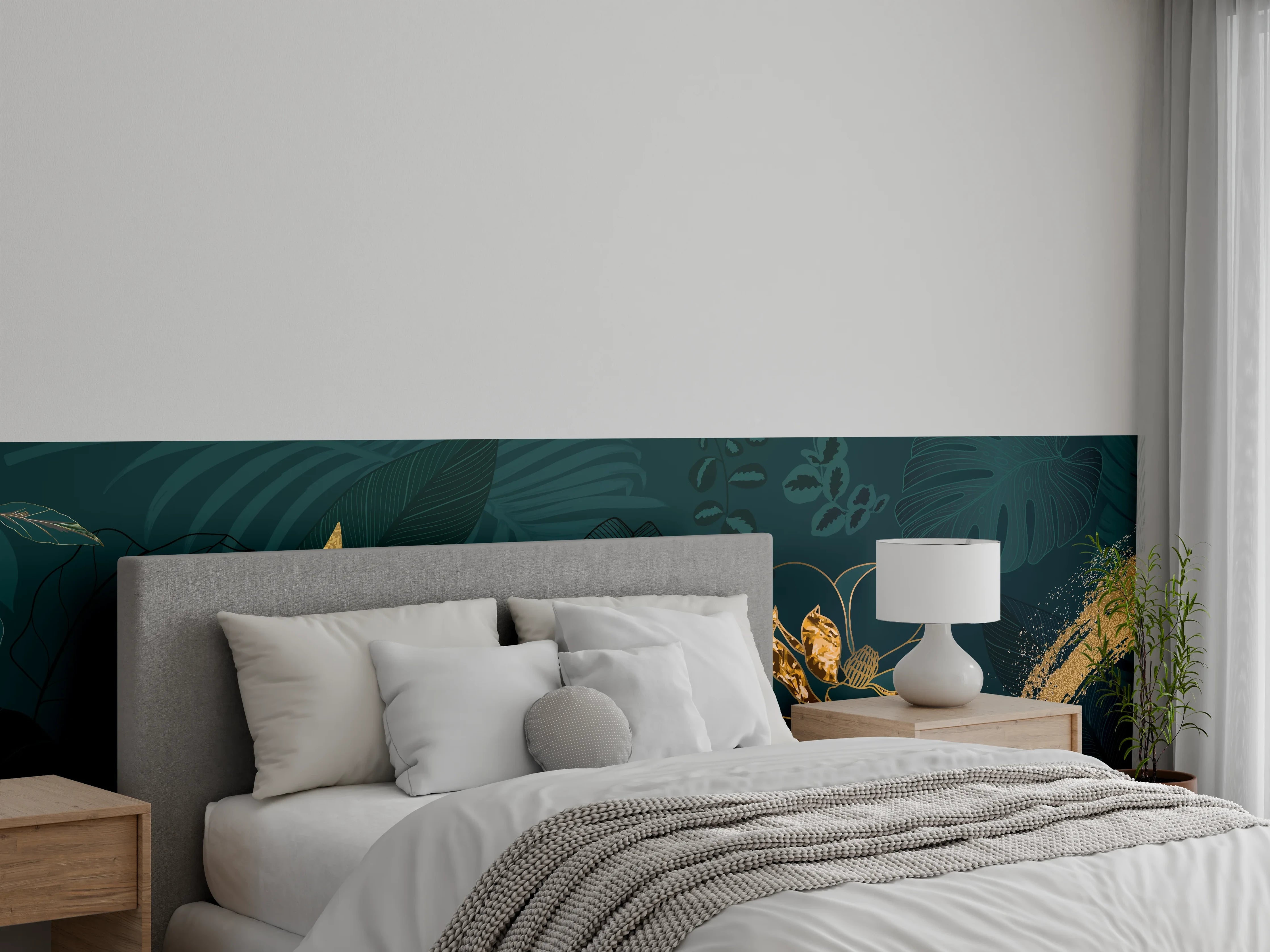 Wandverkleidung Schlafzimmer - Dschungel-Blatt-Gold-Linie