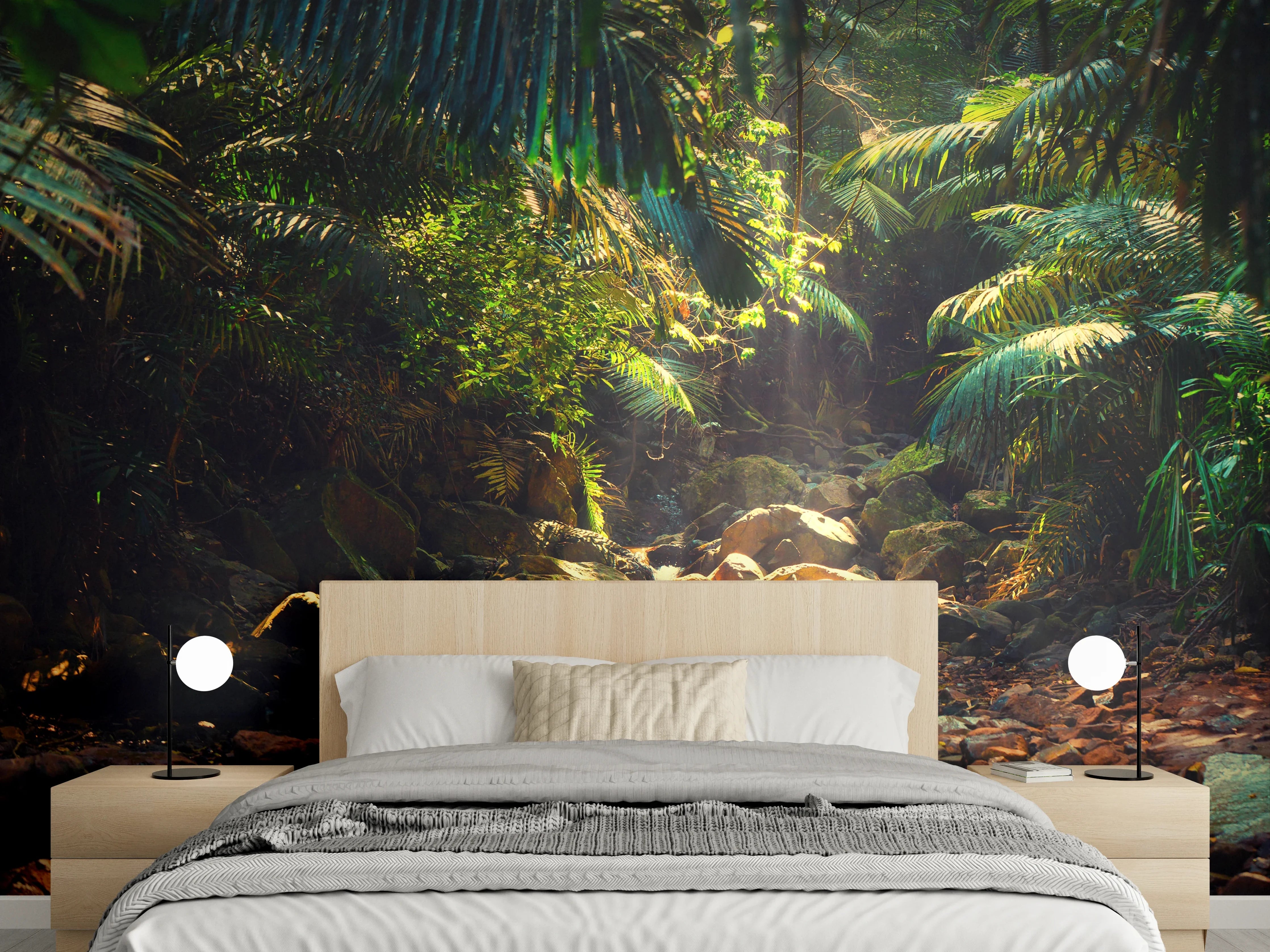 Wandverkleidung Schlafzimmer - Dschungel Lichtspiele Naturtapete