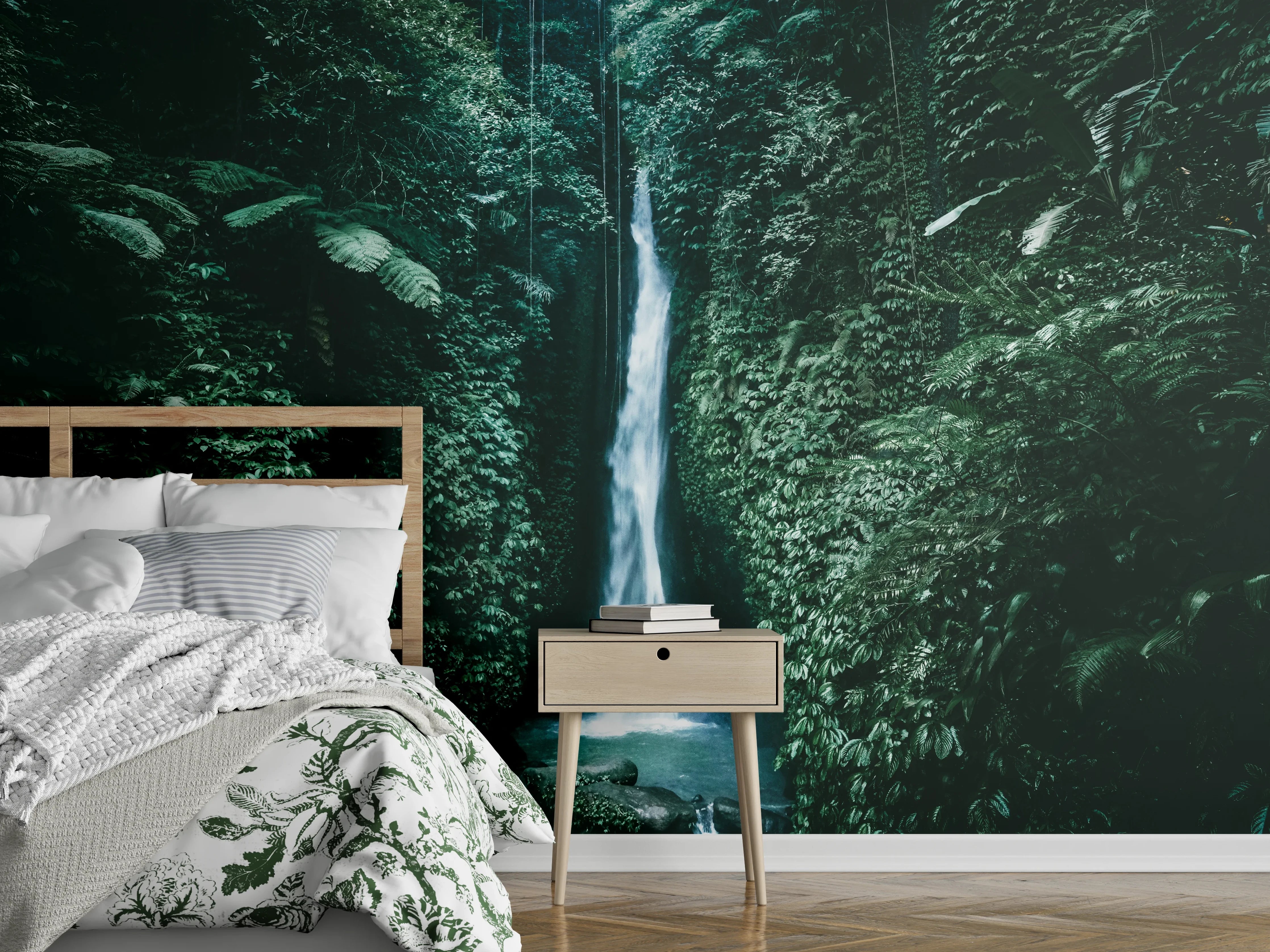 Wandverkleidung Schlafzimmer - Dschungel Wasserfall Naturmotiv Wandbild