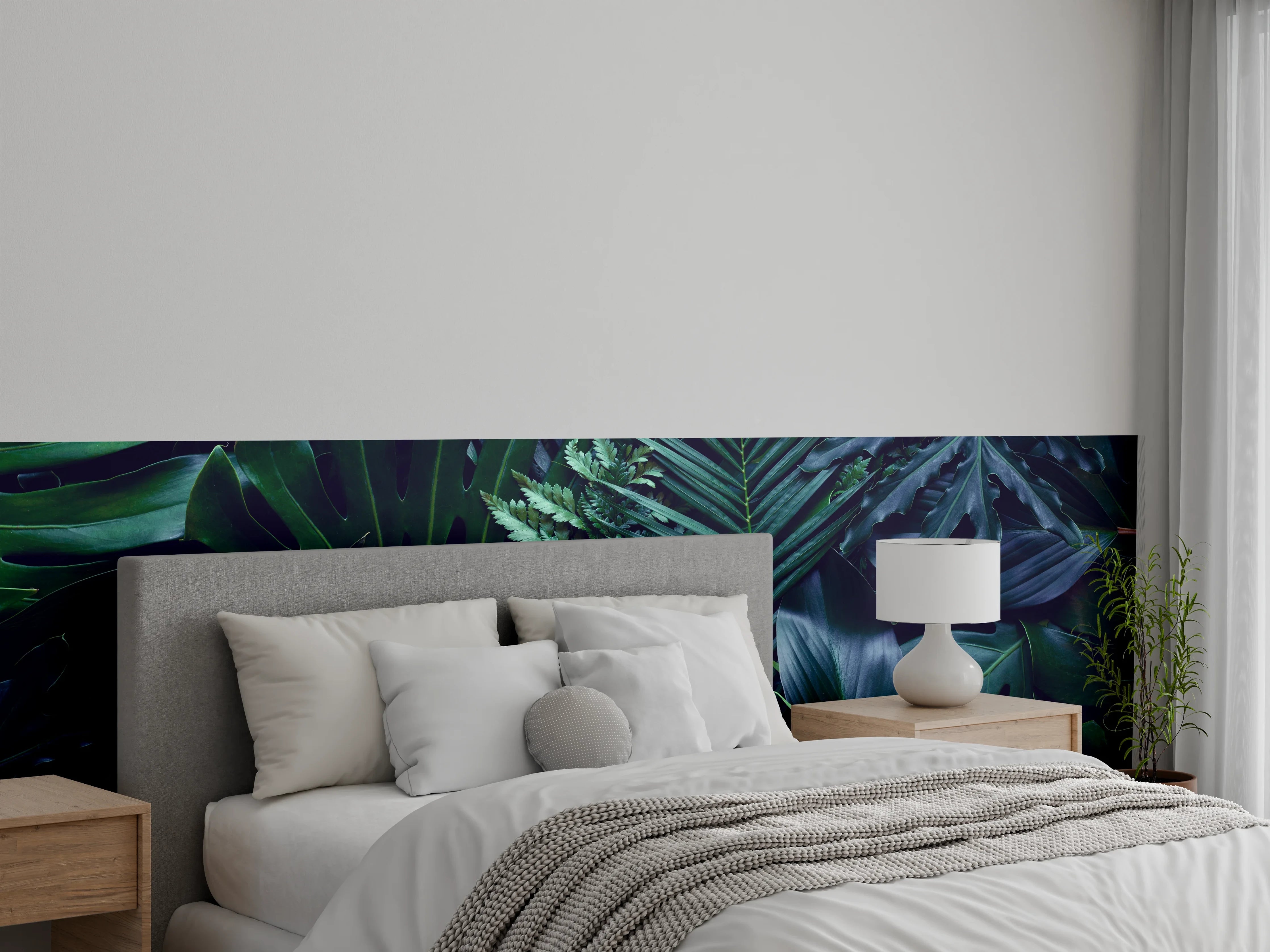Wandverkleidung Schlafzimmer - Dschungelgrün mit tropischen Blättern