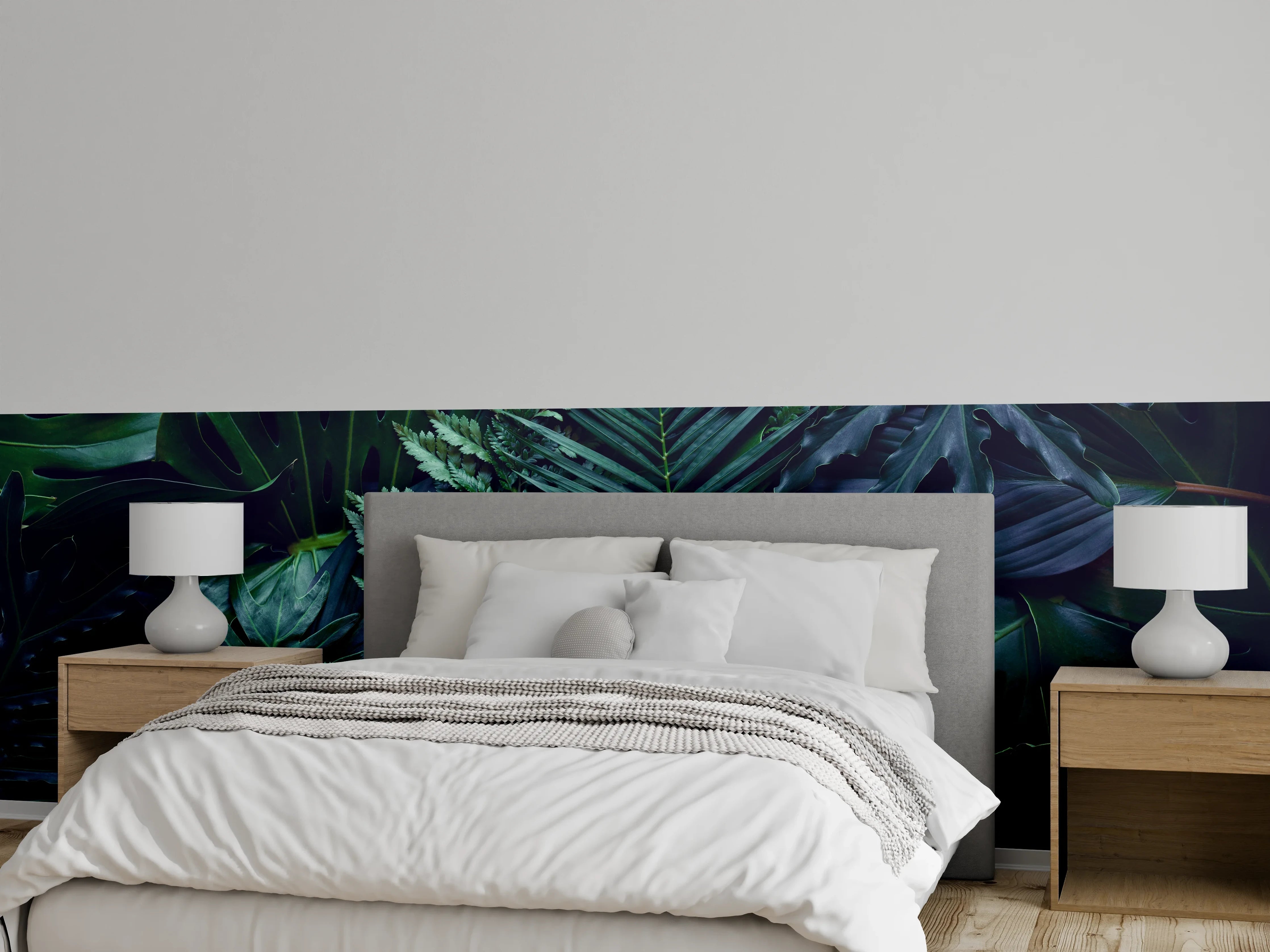 Wandverkleidung Schlafzimmer - Dschungelgrün mit tropischen Blättern