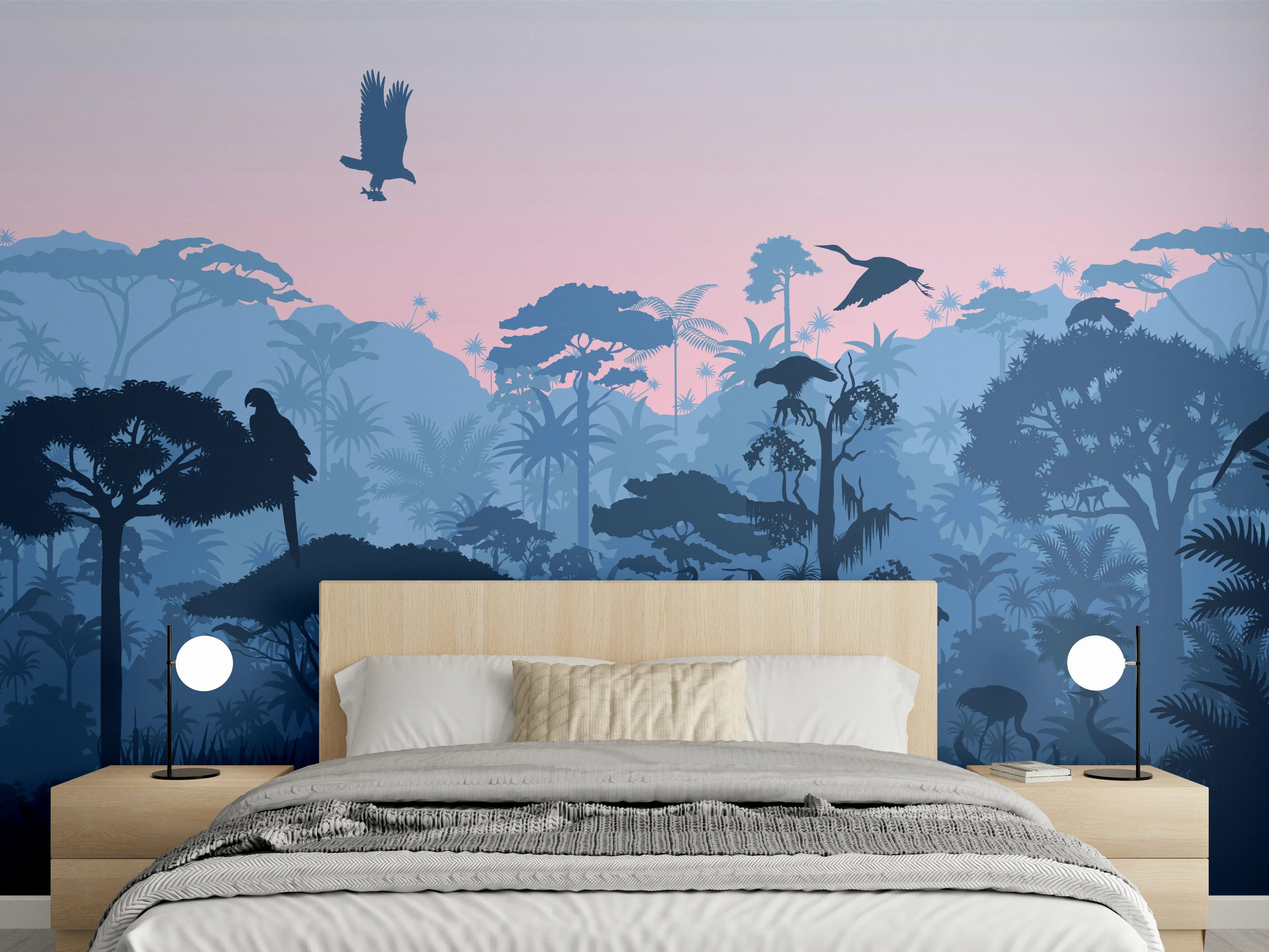Wandverkleidung Schlafzimmer - Dschungelsilhouette bei Dämmerung