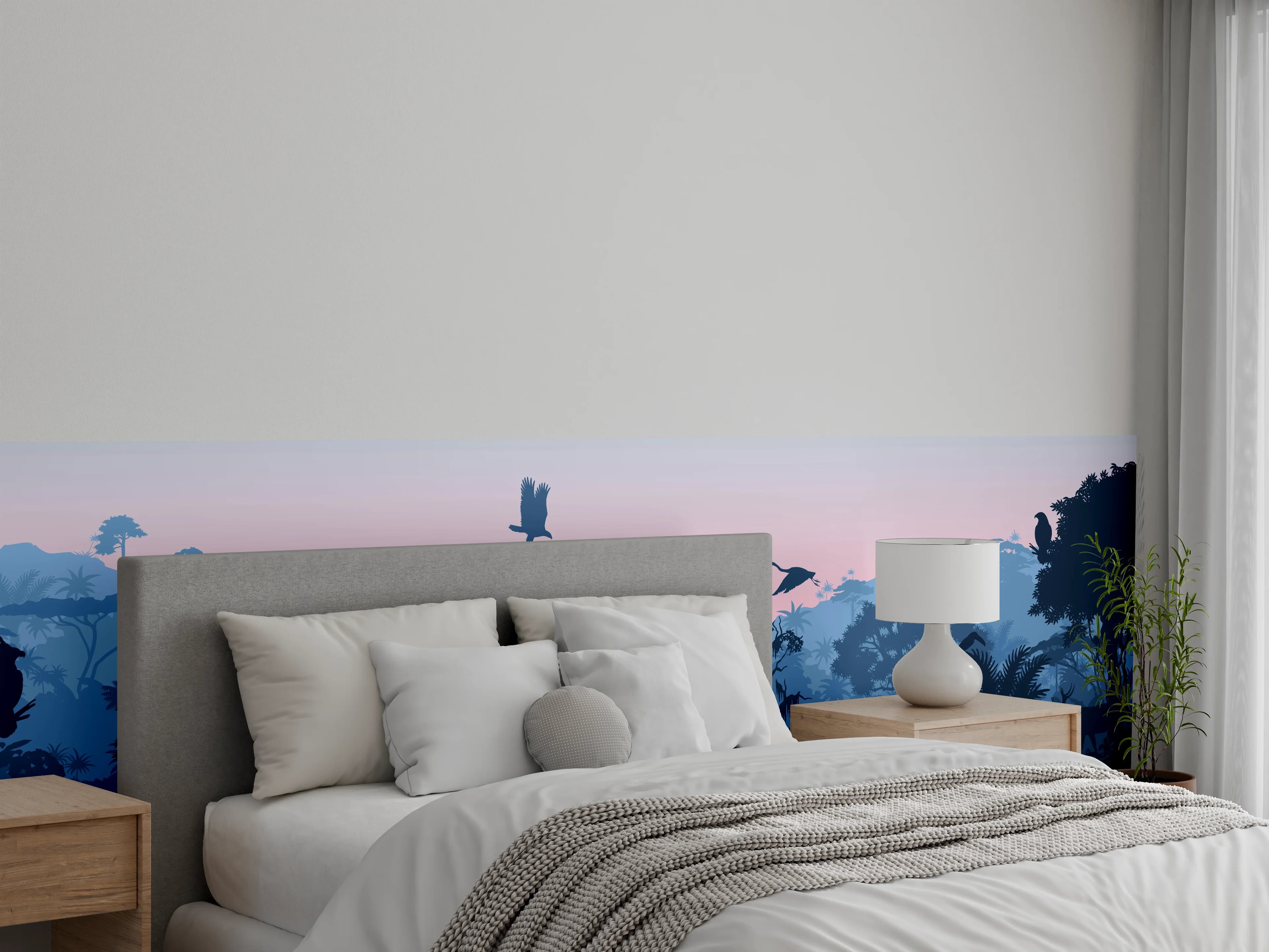 Wandverkleidung Schlafzimmer - Dschungelsilhouette bei Dämmerung