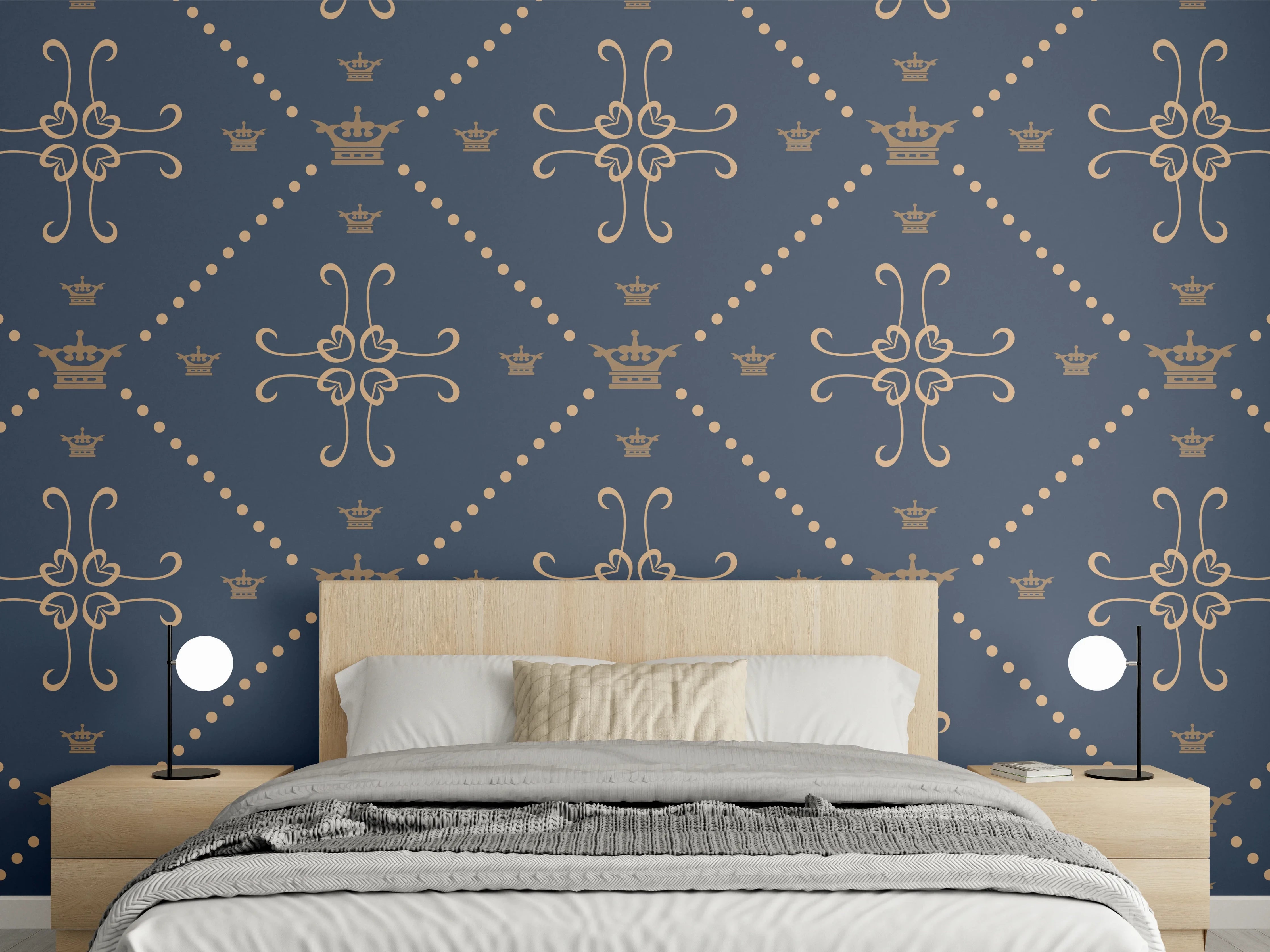 Wandverkleidung Schlafzimmer - Dunkelblau Ornament Tapetenmuster