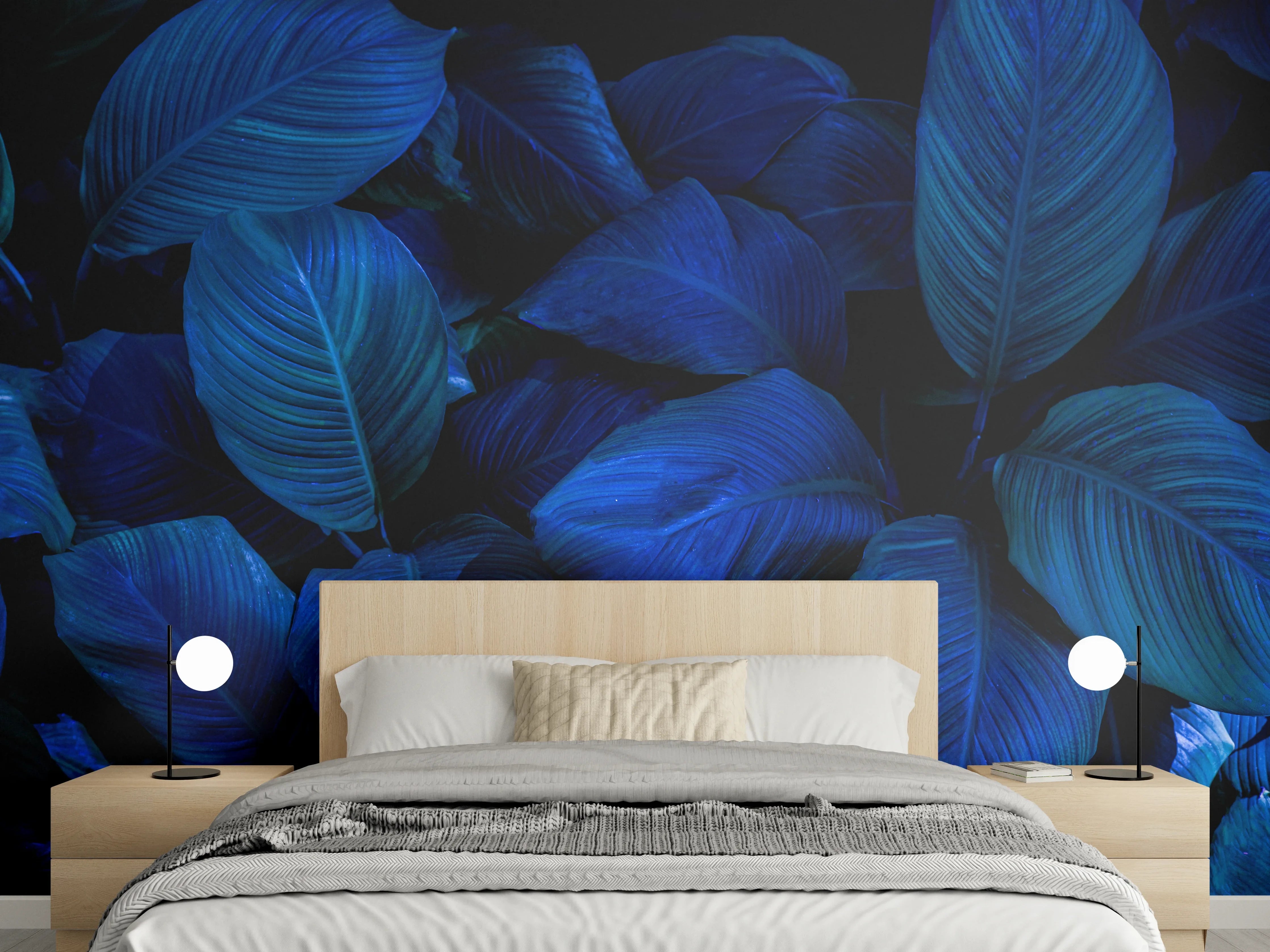Wandverkleidung Schlafzimmer - Dunkelblaue Blätter – Modernes Wanddekor