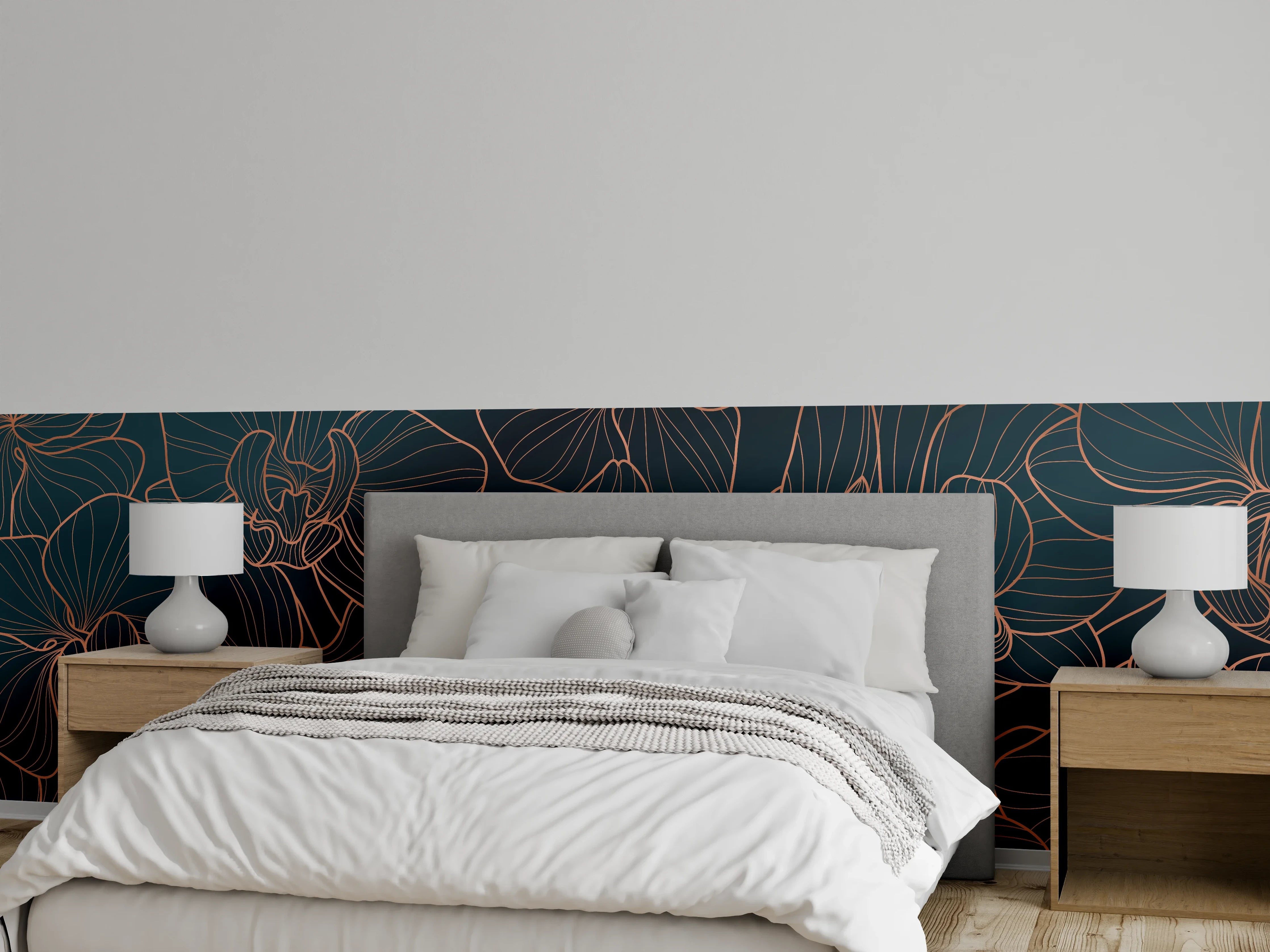 Wandverkleidung Schlafzimmer - Dunkelblaue Floral Linien Kunst