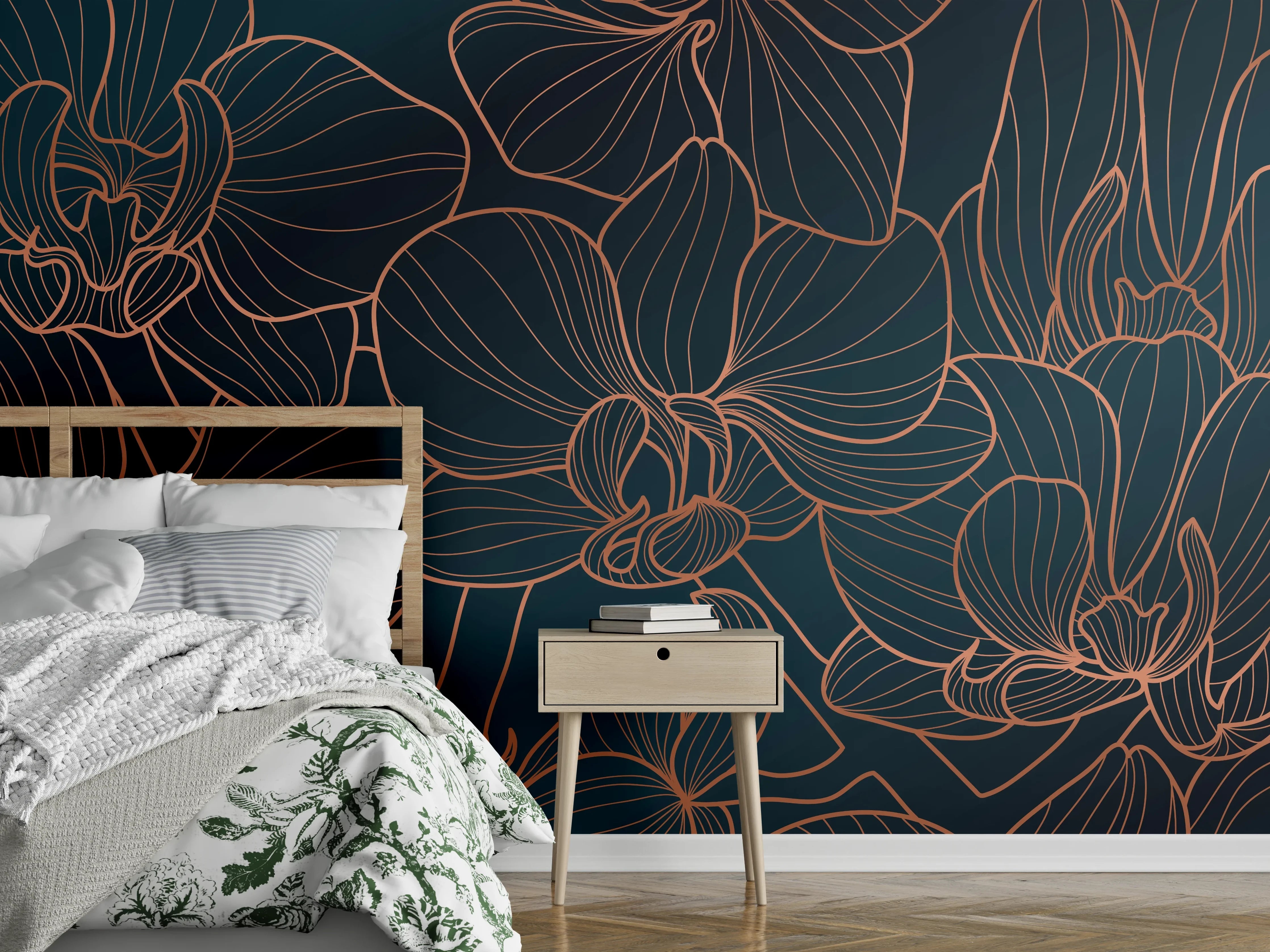 Wandverkleidung Schlafzimmer - Dunkelblaue Floral Linien Kunst