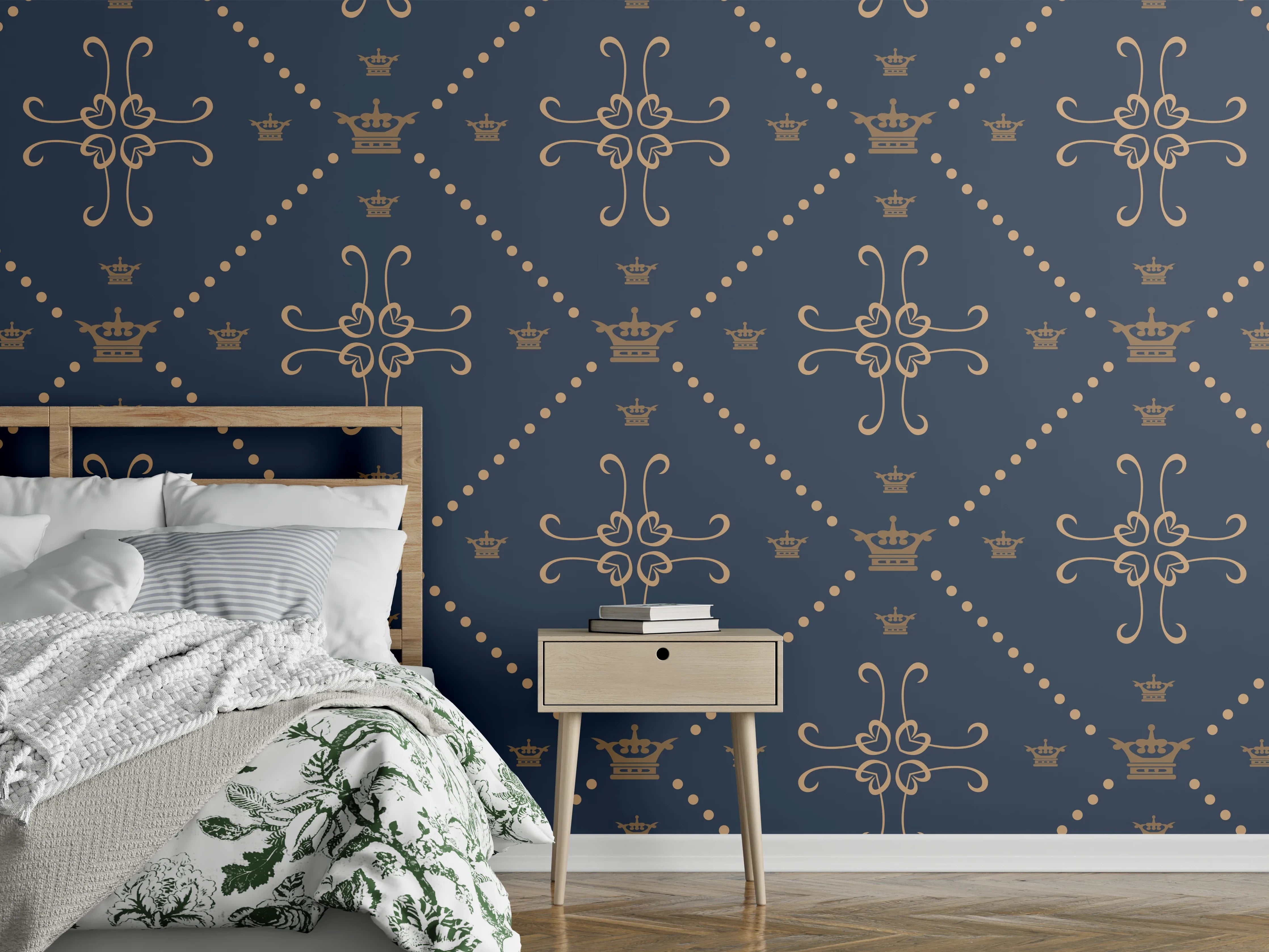 Wandverkleidung Schlafzimmer - Dunkelblaues Musterdesign mit stilvollen Motiven