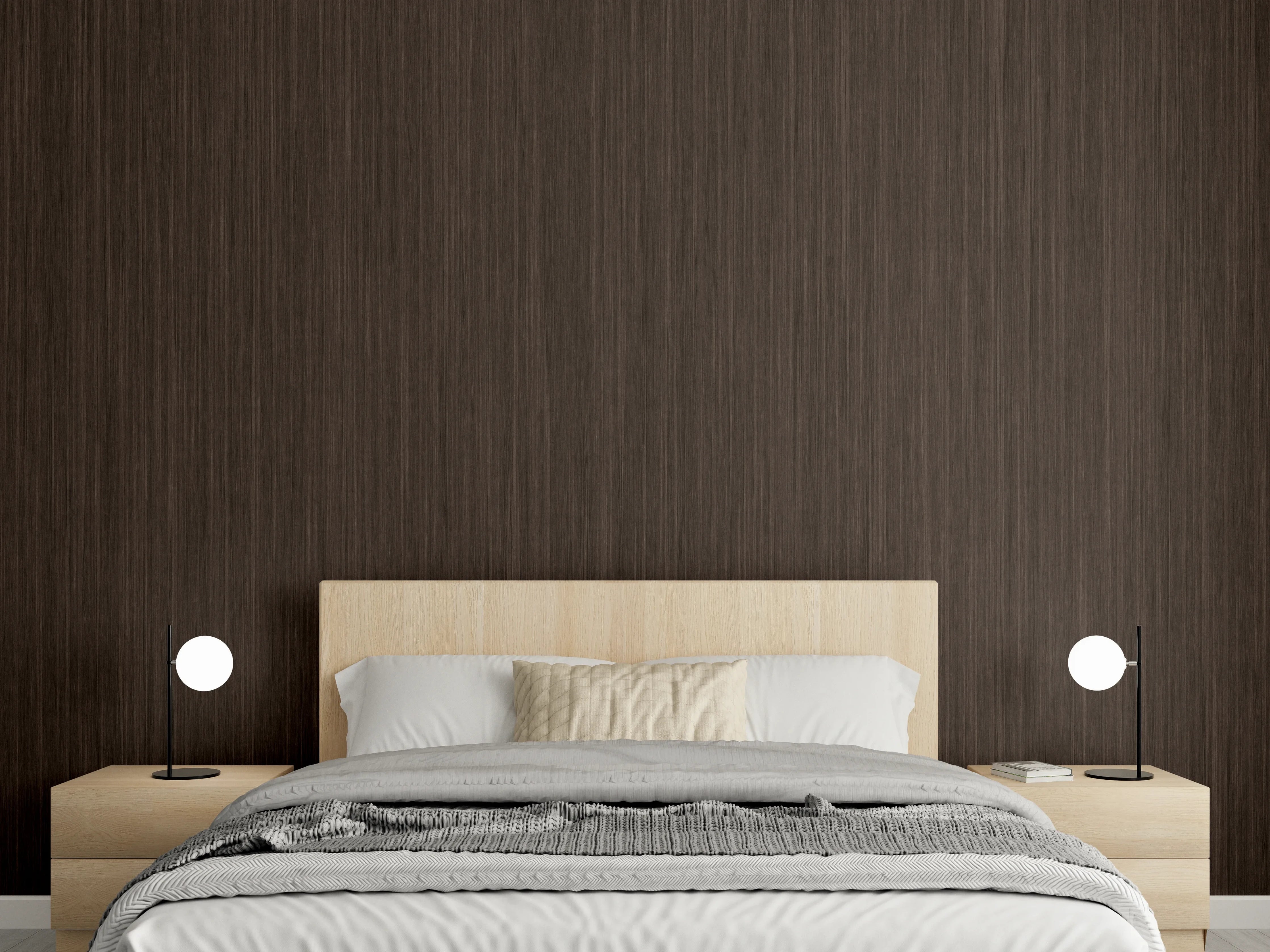 Wandverkleidung Schlafzimmer - Dunkelbraune Holzstruktur elegant vertikal