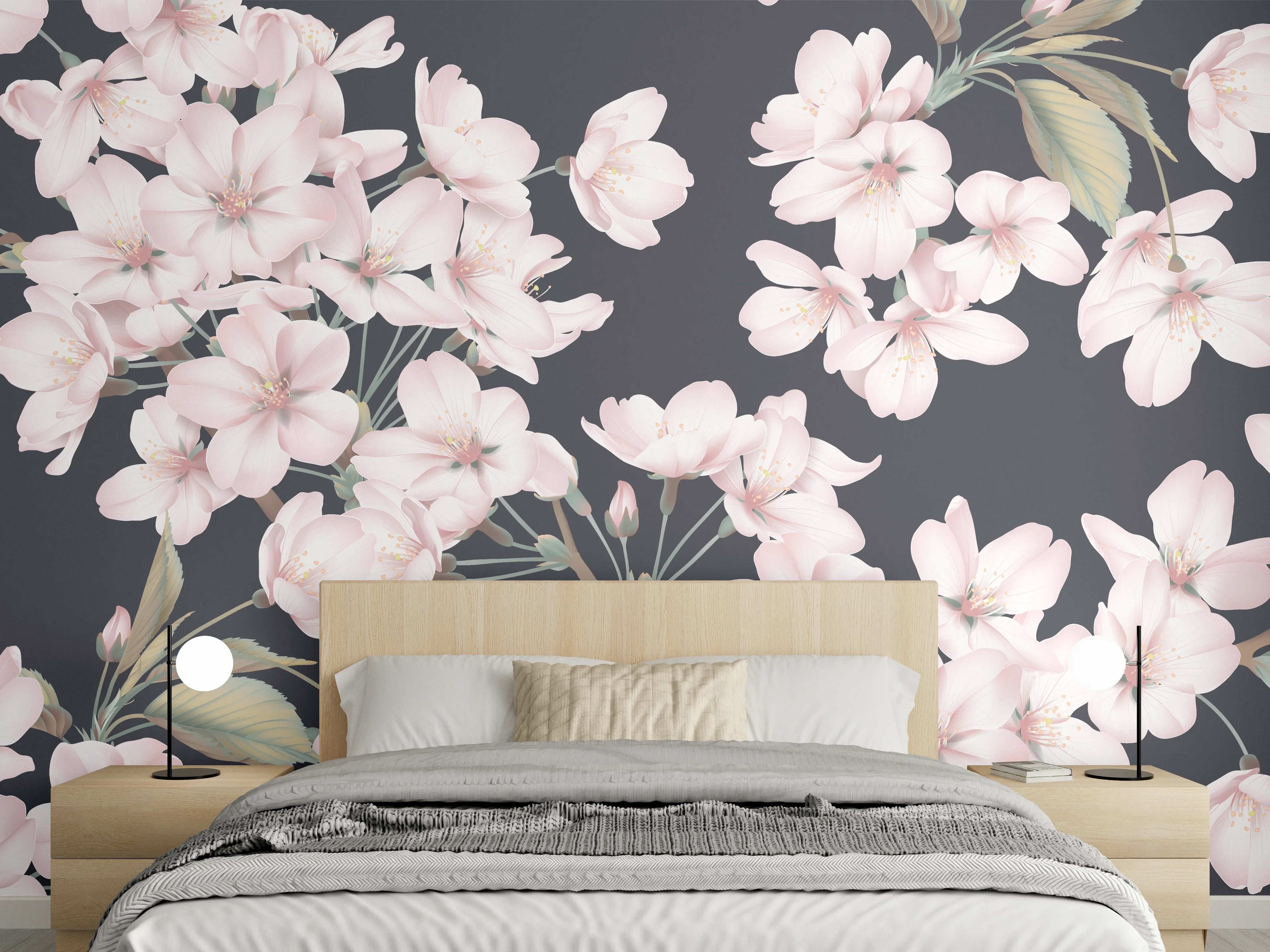 Wandverkleidung Schlafzimmer - Dunkelgrau-Sakura-Musterdesign