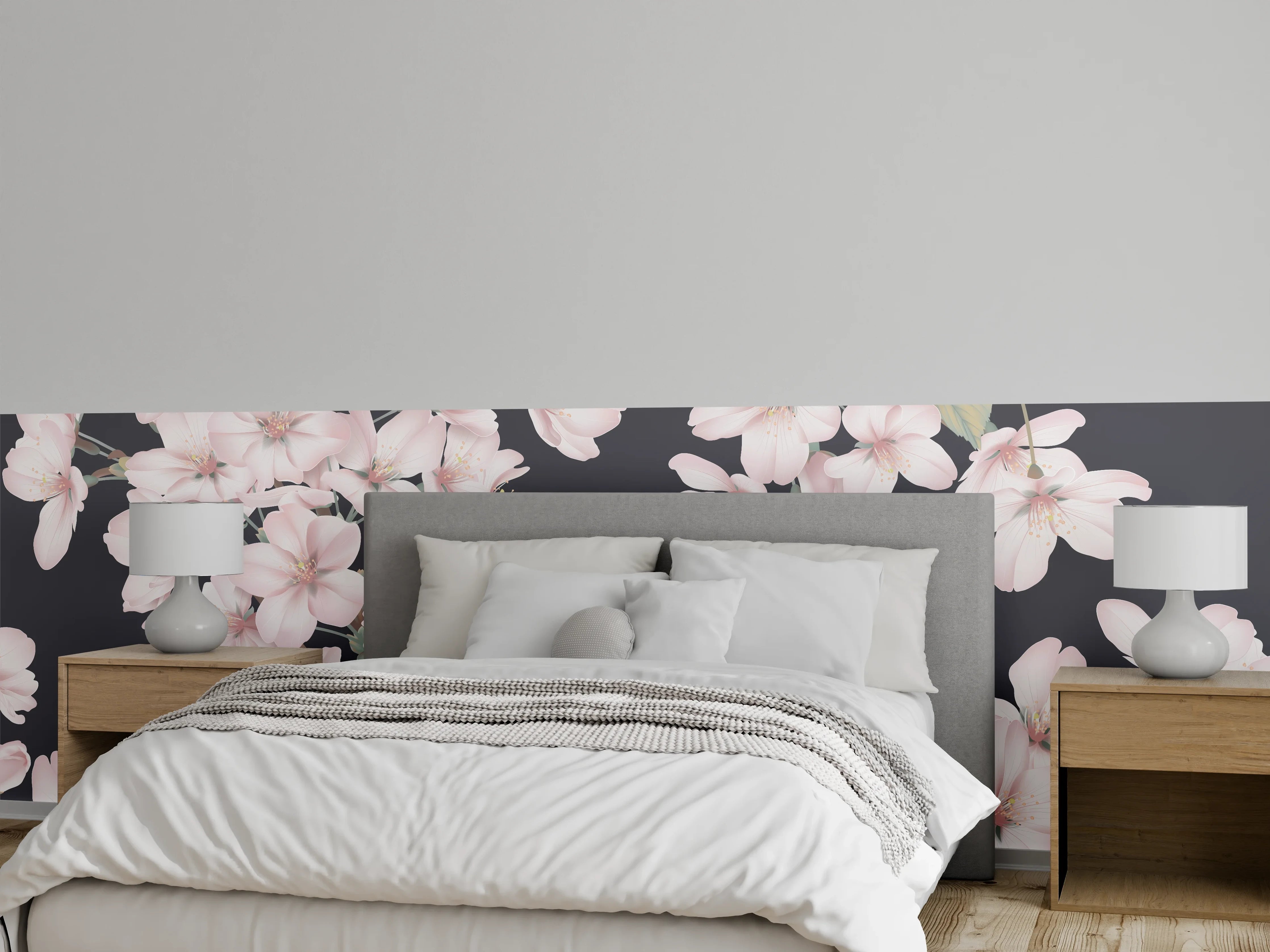 Wandverkleidung Schlafzimmer - Dunkelgrau-Sakura-Musterdesign