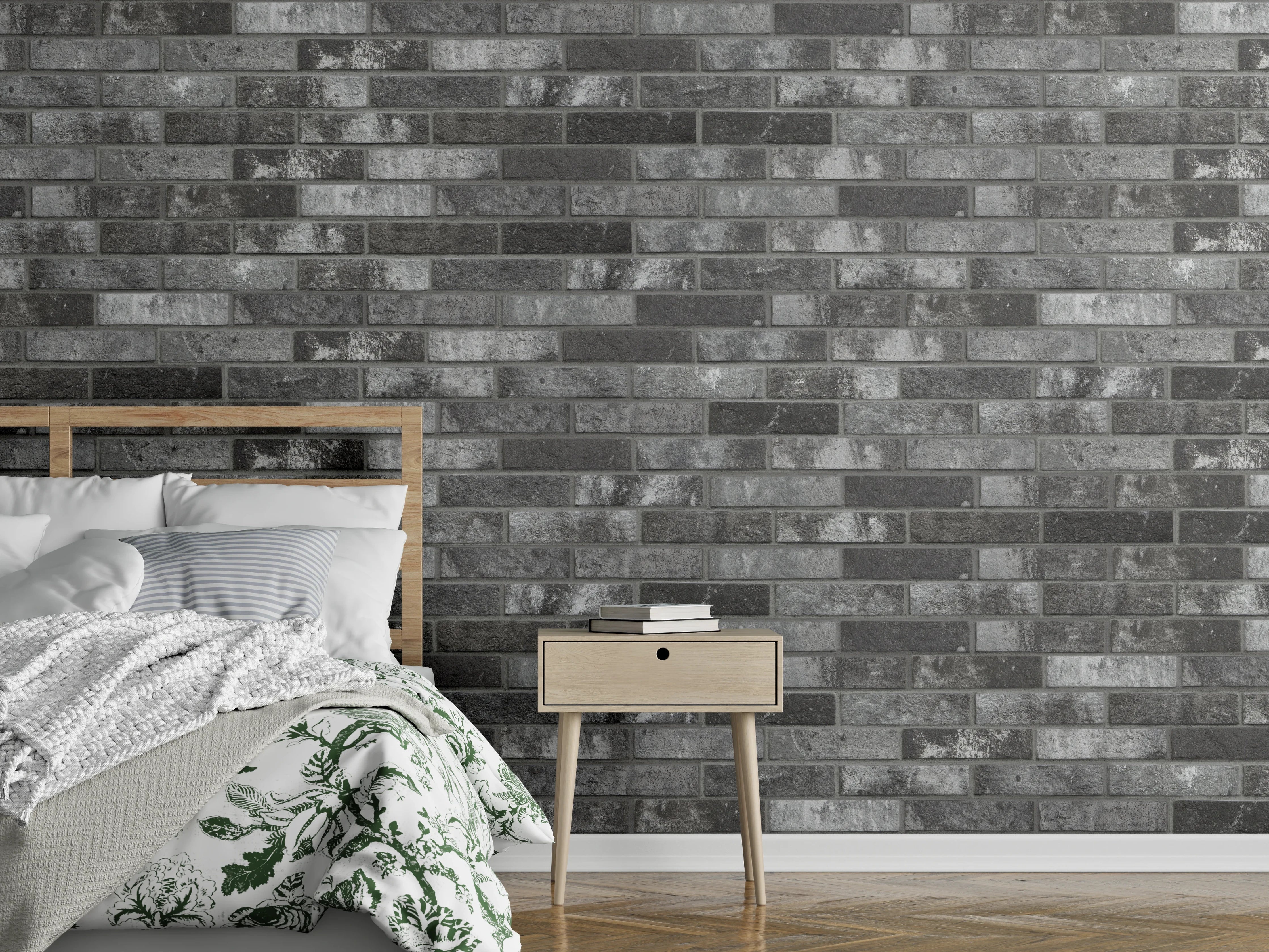 Wandverkleidung Schlafzimmer - Dunkelgraue Backsteinmauer