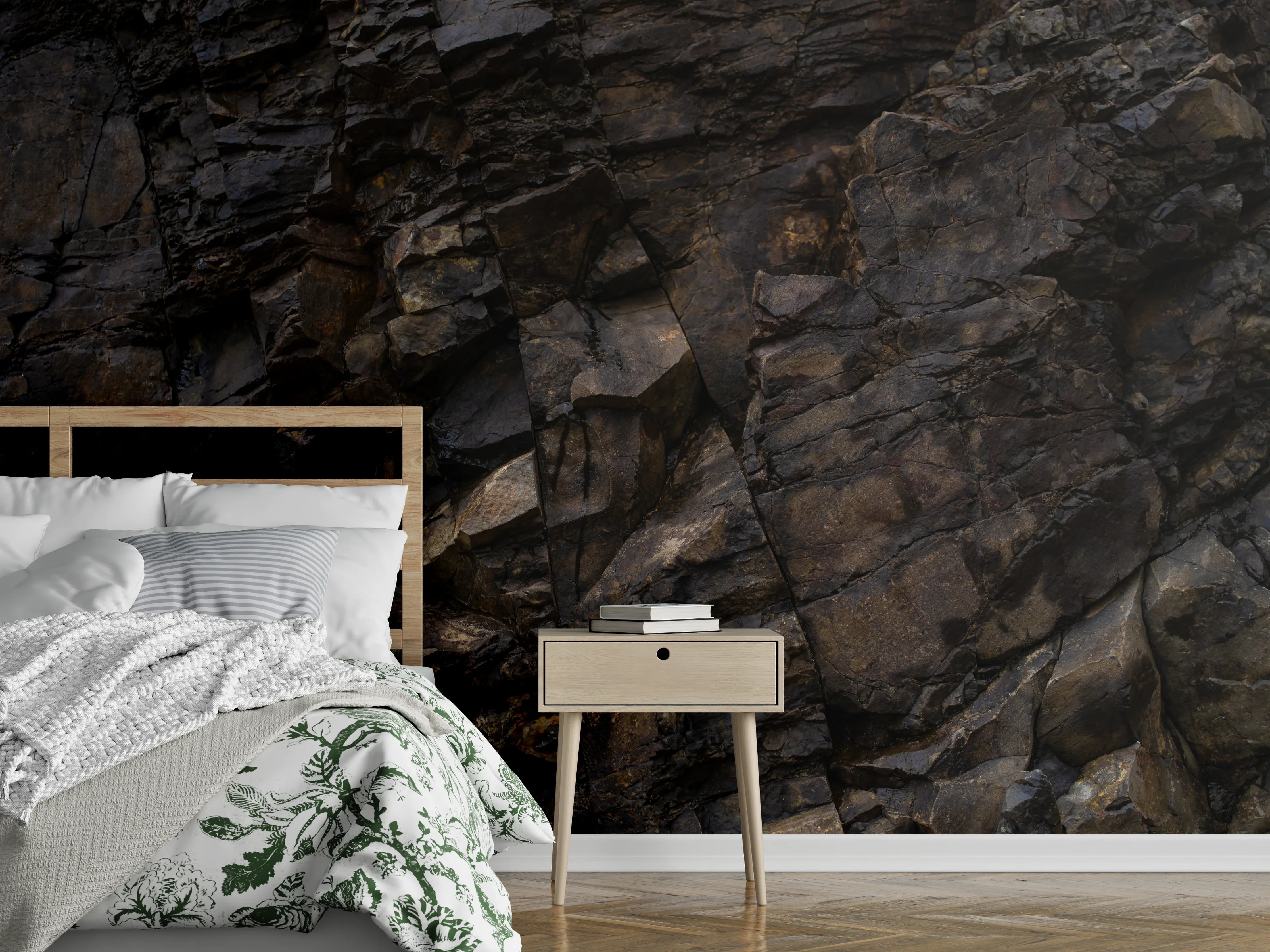 Wandverkleidung Schlafzimmer - Dunkle Basalt-Felswand Struktur Natur