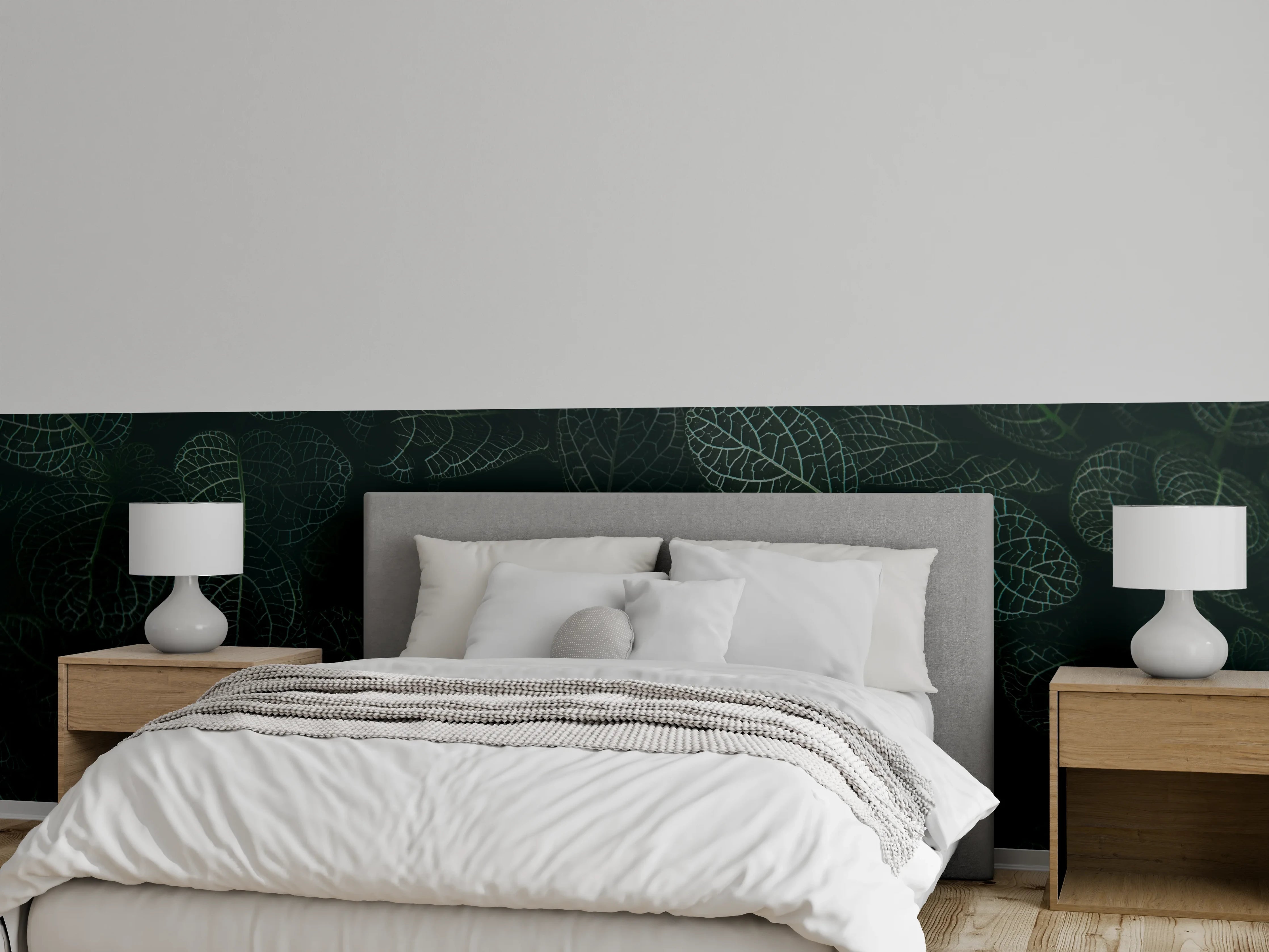 Wandverkleidung Schlafzimmer - Dunkle Blätter mit heller Aderung