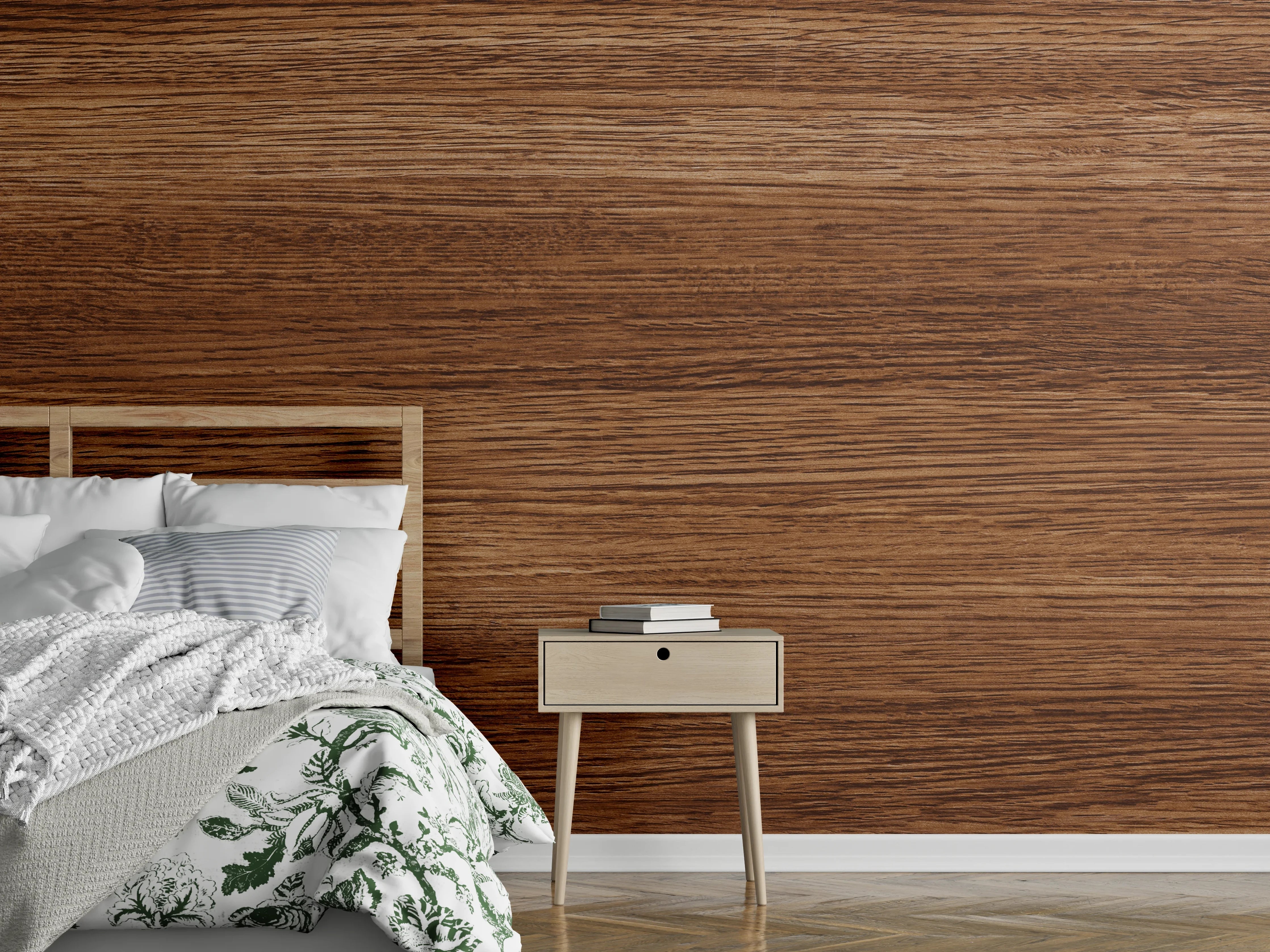 Wandverkleidung Schlafzimmer - Dunkle Holzwand mit Streifenmuster