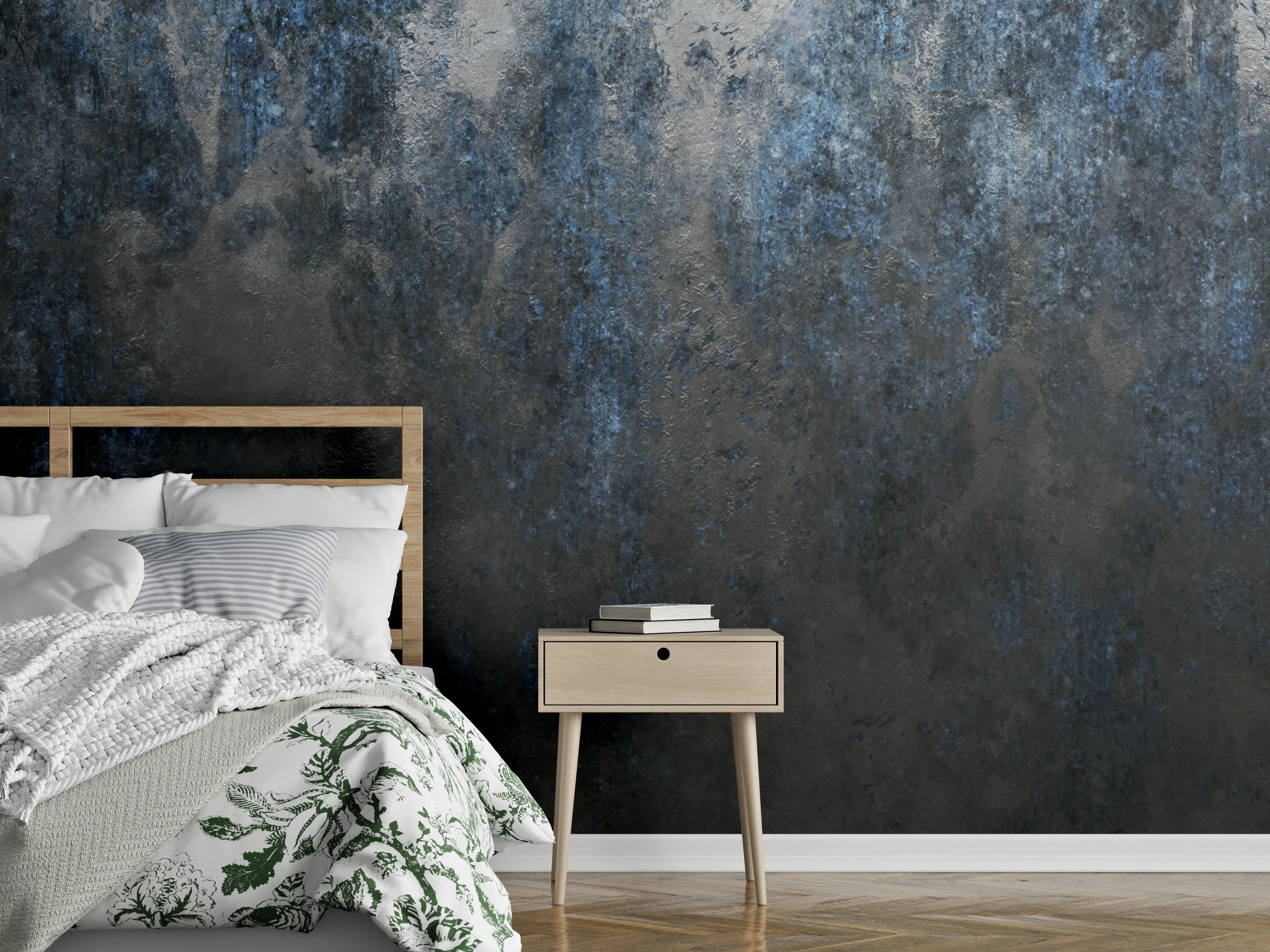 Wandverkleidung Schlafzimmer - Dunkles Beton-Design mit Blaueffekt