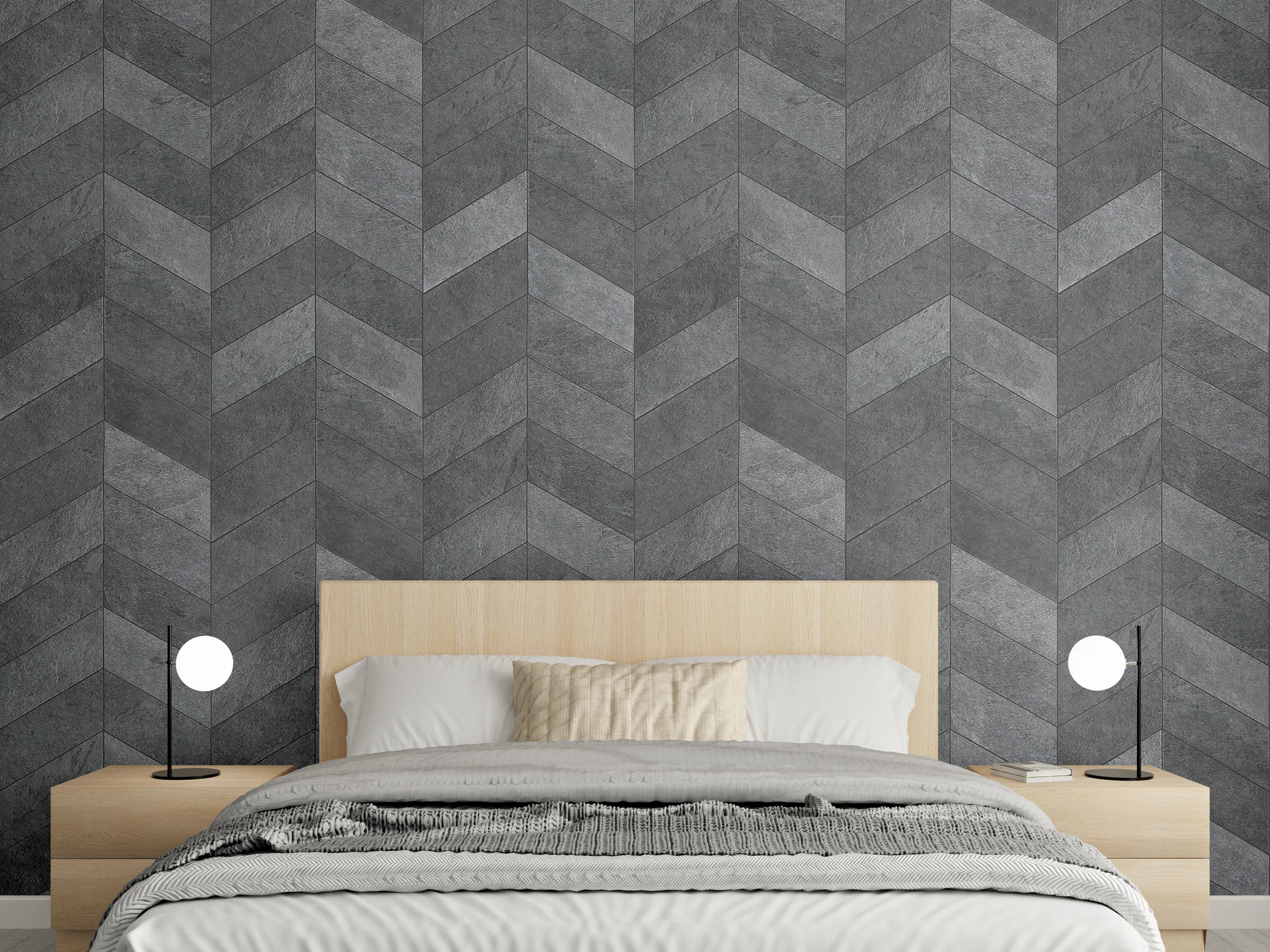 Wandverkleidung Schlafzimmer - Dunkles Schiefer Fischgrätmuster Tapete
