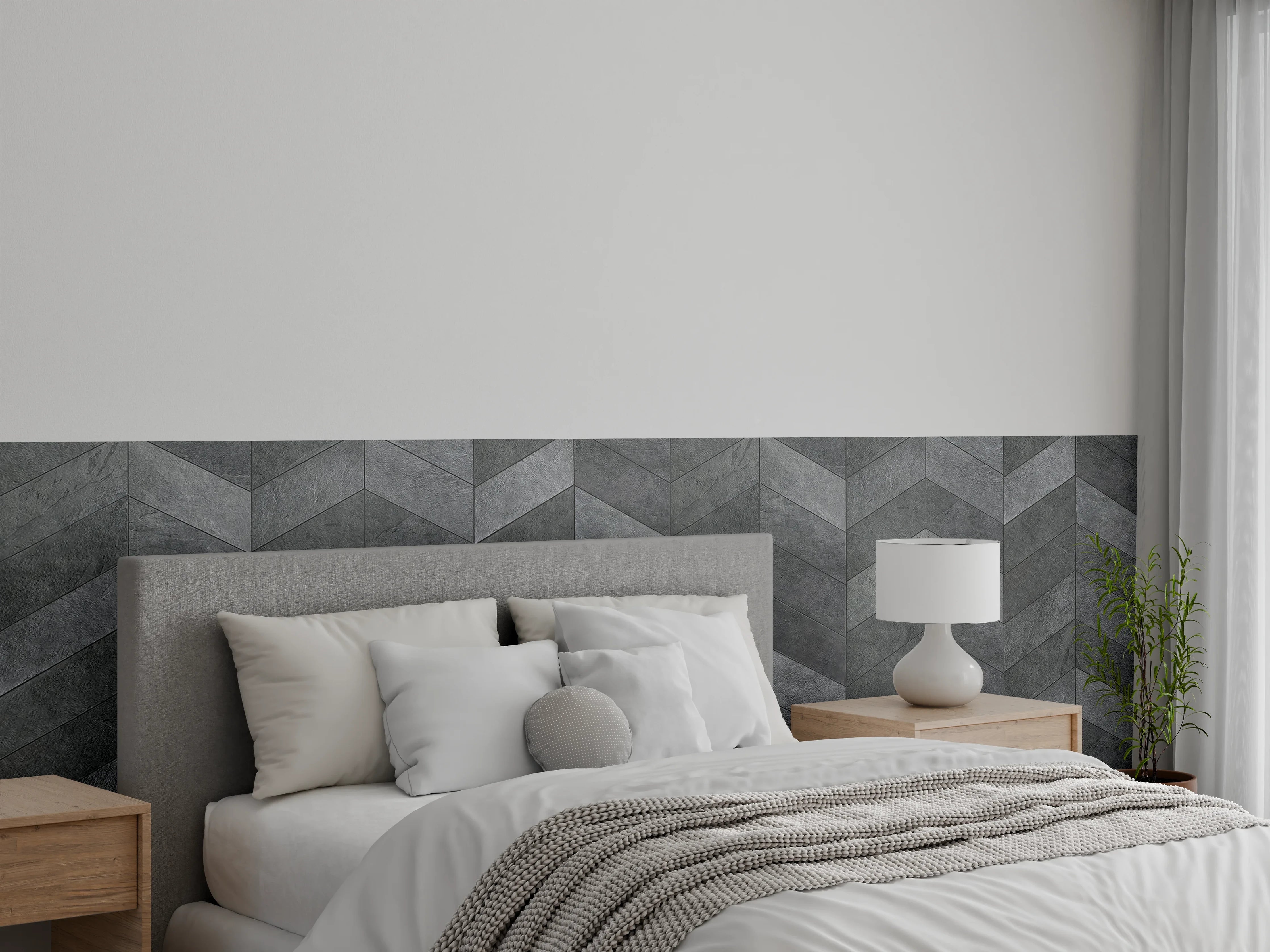 Wandverkleidung Schlafzimmer - Dunkles Schiefer Fischgrätmuster Tapete