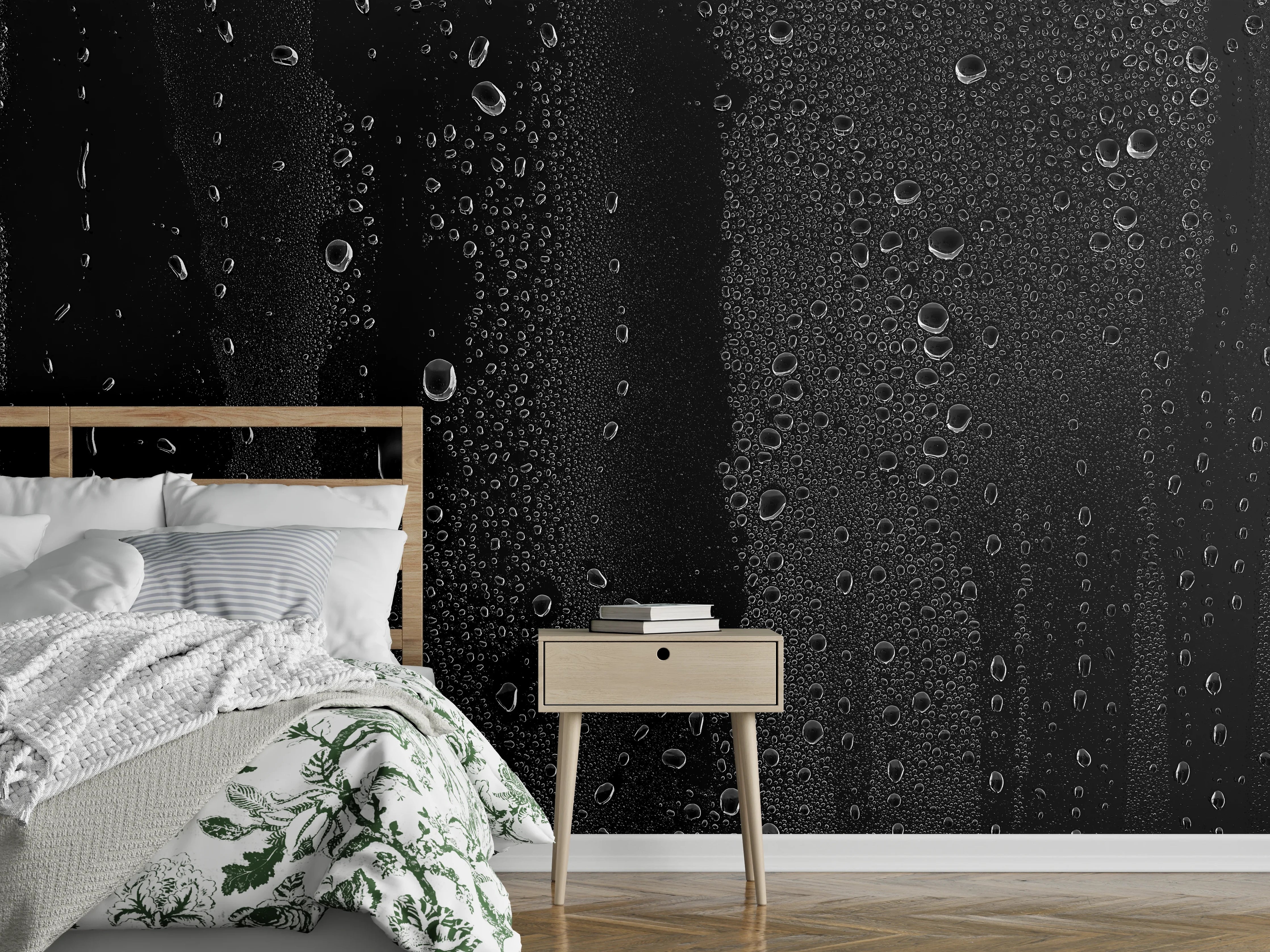 Wandverkleidung Schlafzimmer - Dunkles Wasser mit Regentropfen