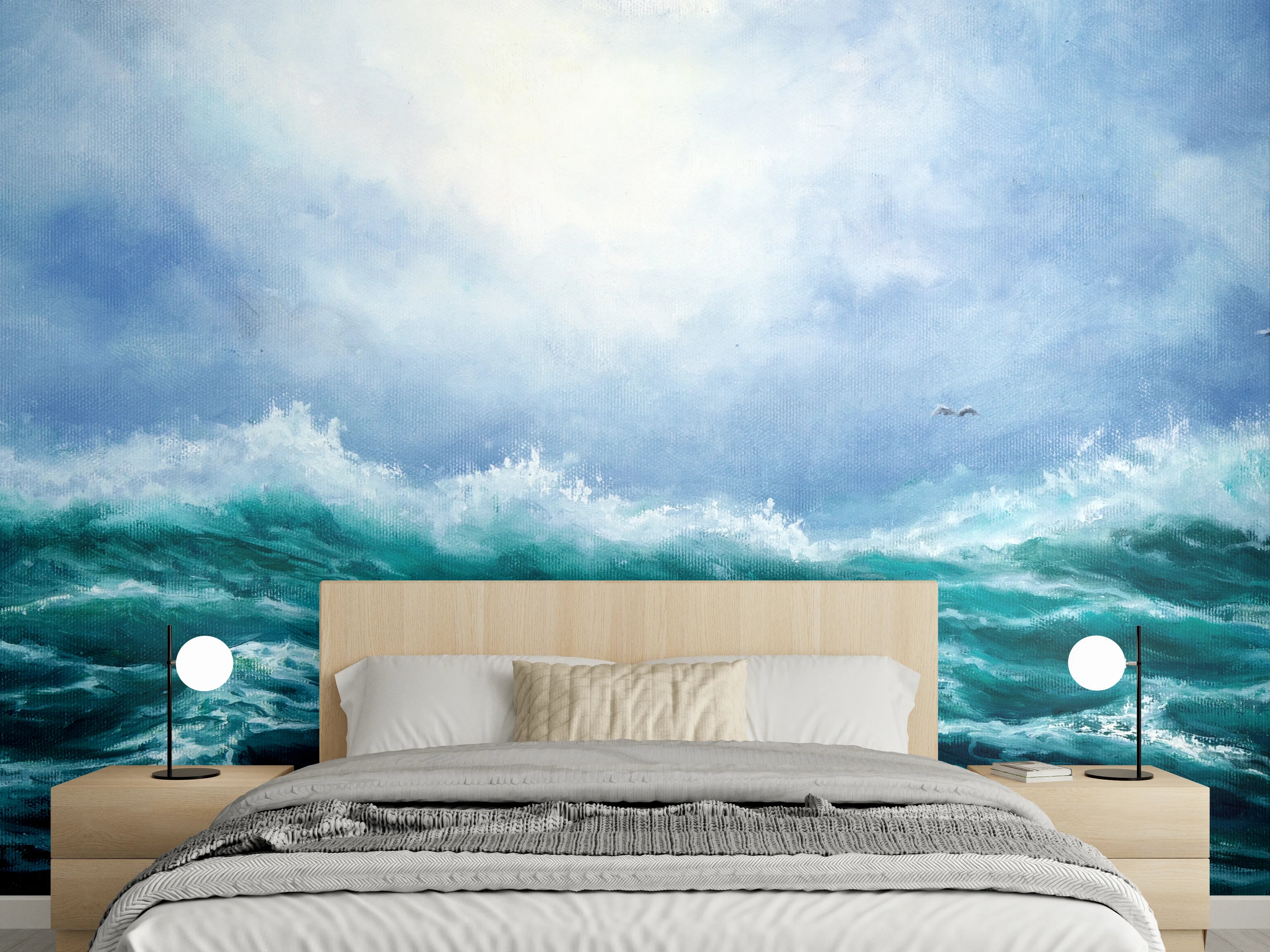 Wandverkleidung Schlafzimmer - Dynamische Wellenmalerei in lebendigem Blau