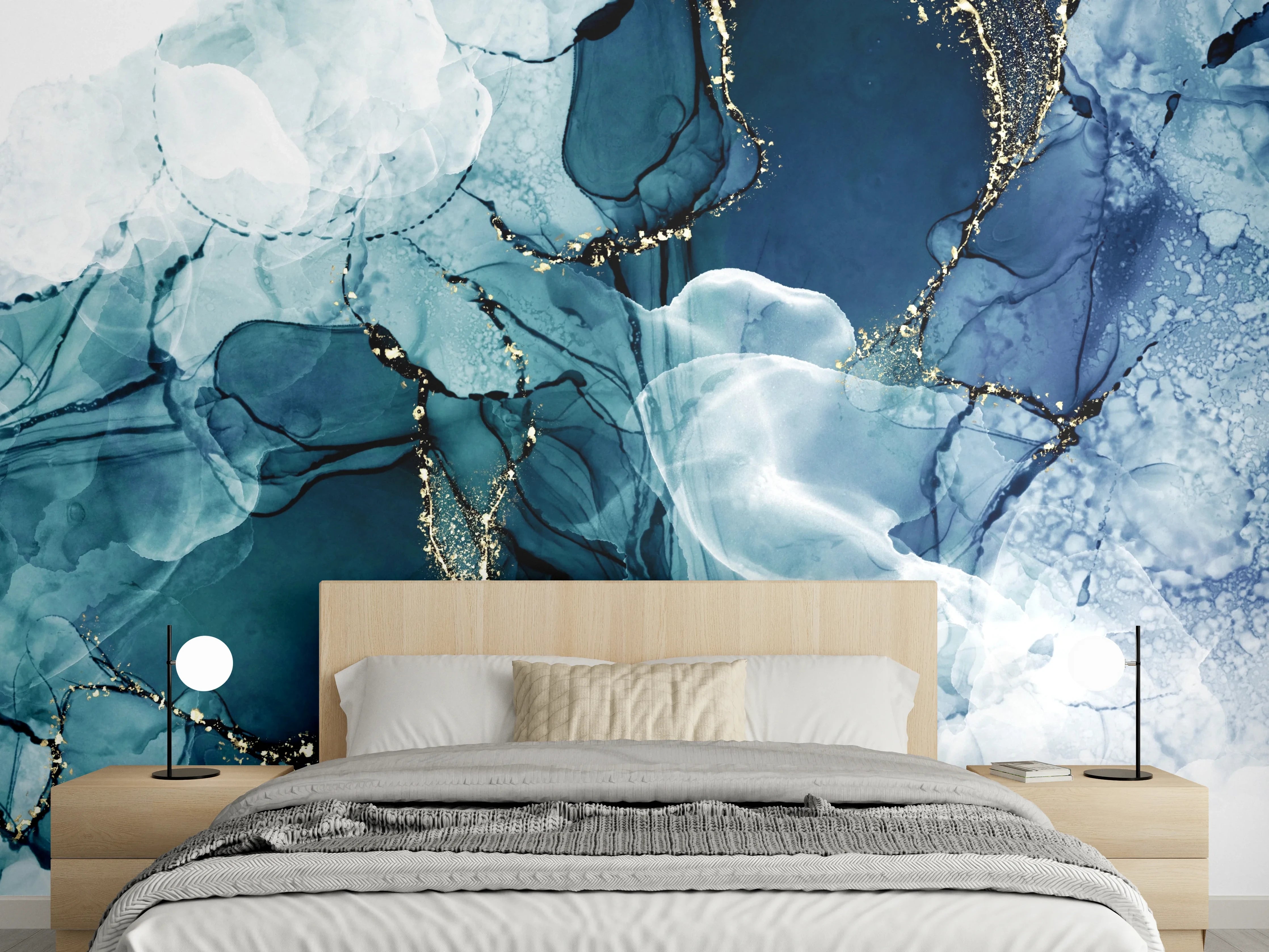 Wandverkleidung Schlafzimmer - Edle Blautöne mit goldenen Akzenten