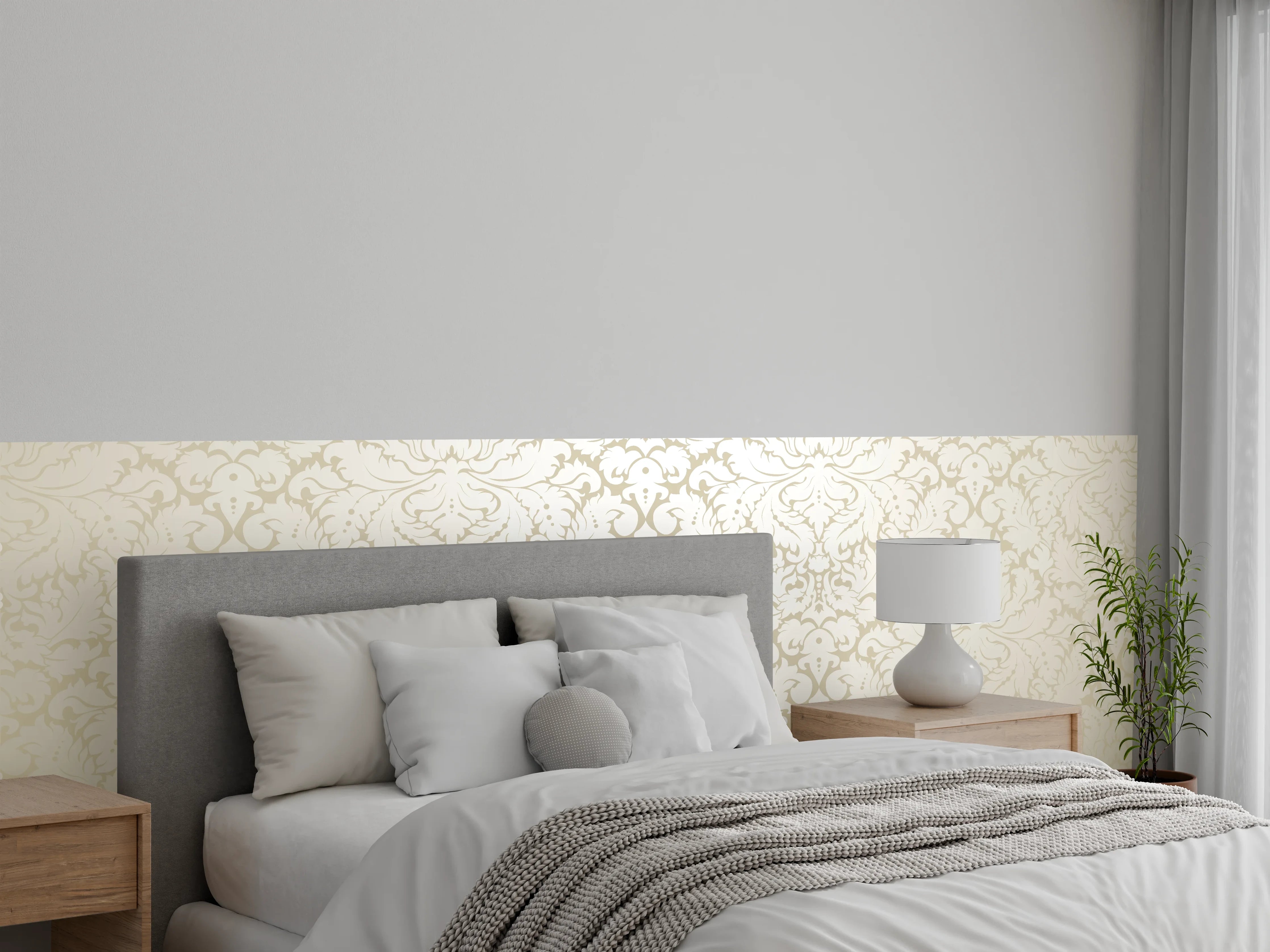 Wandverkleidung Schlafzimmer - Edle Creme-Gold Damast-Tapete