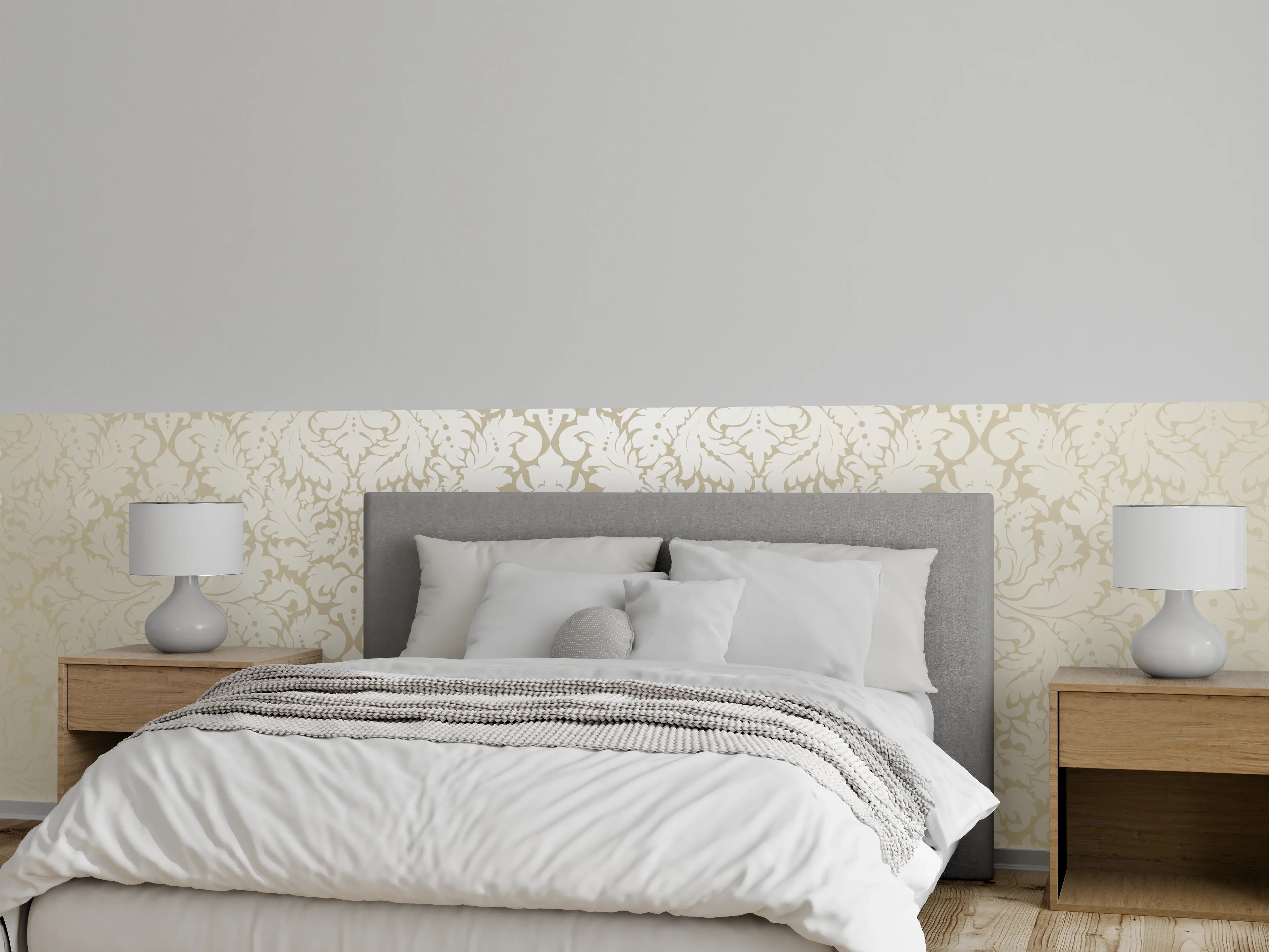 Wandverkleidung Schlafzimmer - Edle Creme-Gold Damast-Tapete