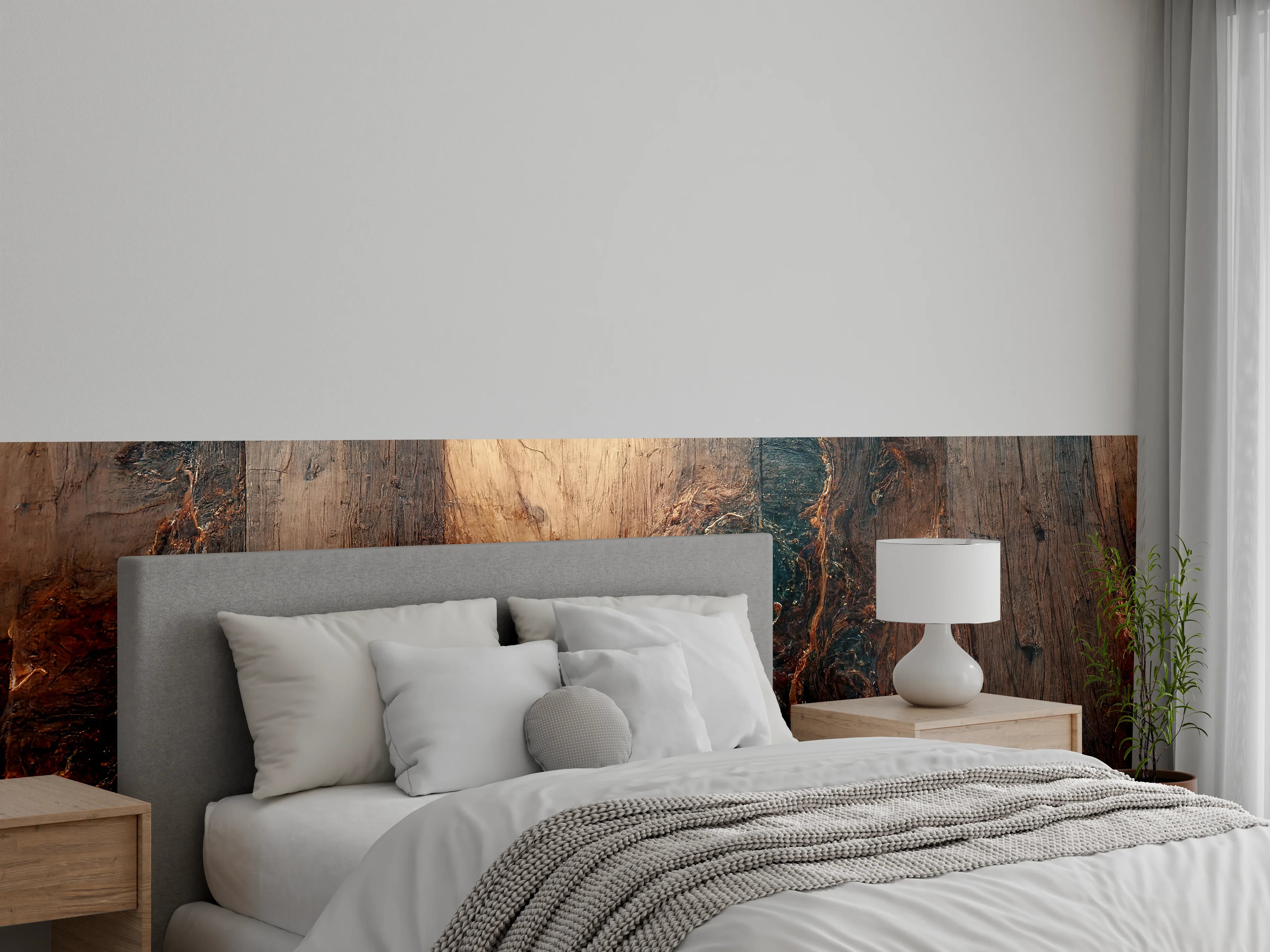 Wandverkleidung Schlafzimmer - Edle Holzoptik mit abstrakten Maserungen
