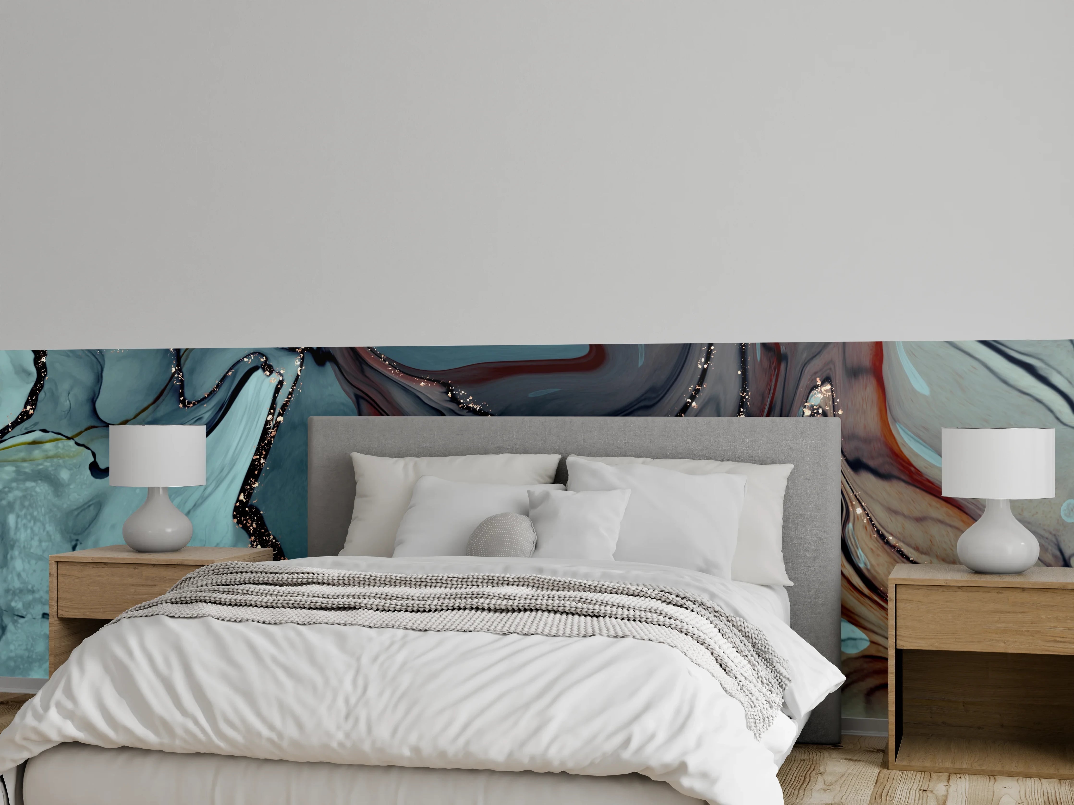 Wandverkleidung Schlafzimmer - Edle Marmor-Optik in Türkis und Grau