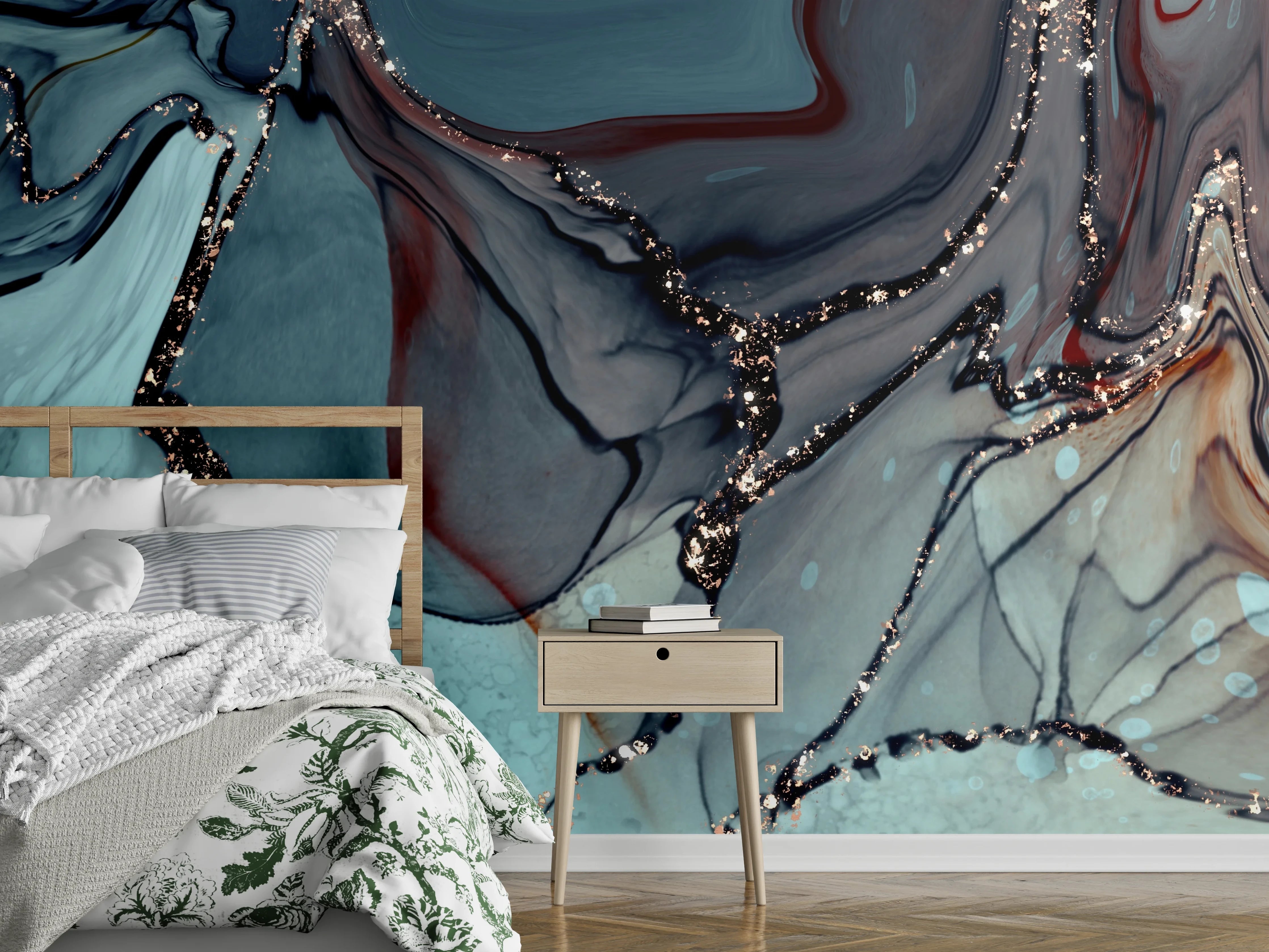Wandverkleidung Schlafzimmer - Edle Marmor-Optik in Türkis und Grau