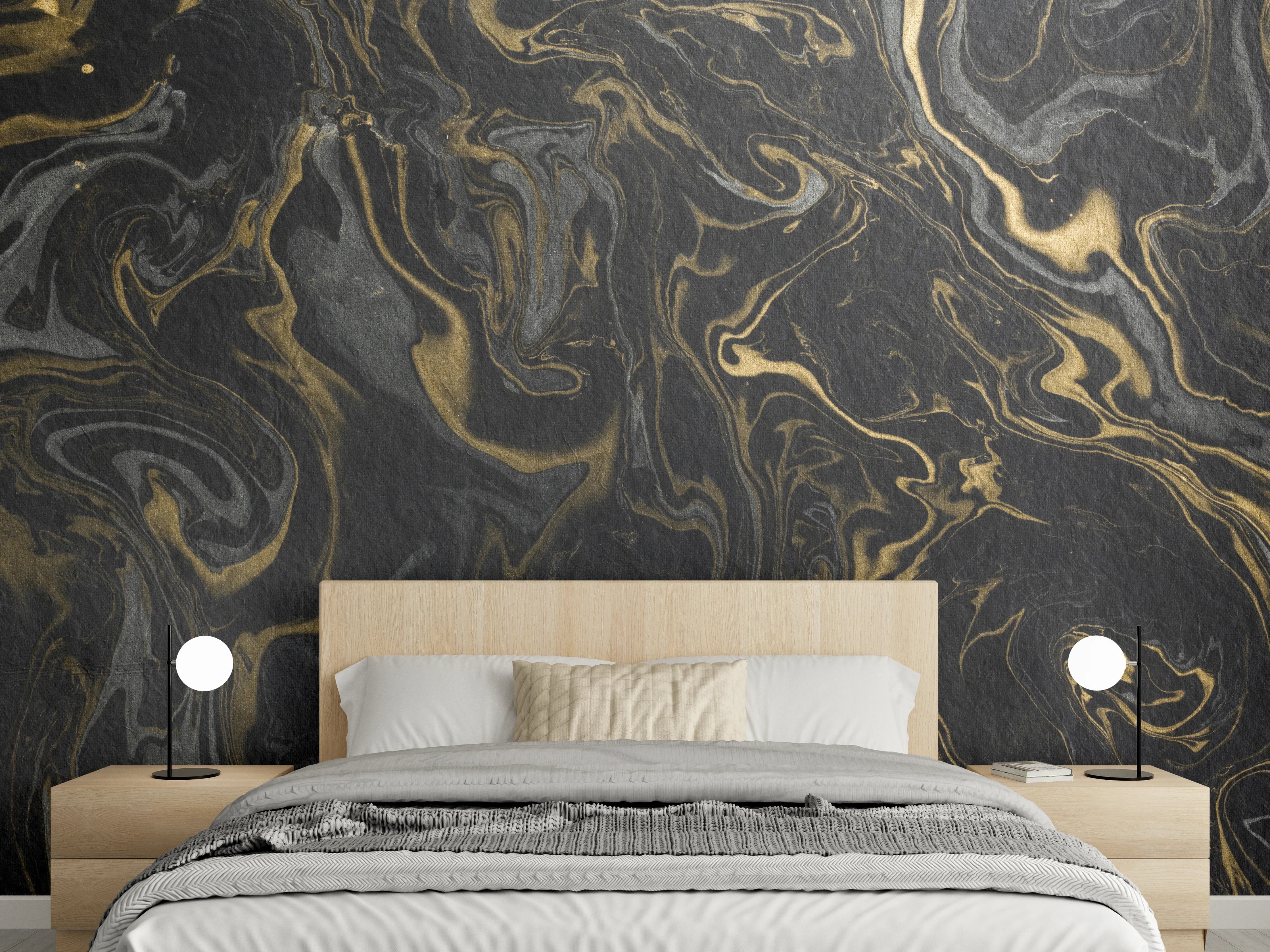 Wandverkleidung Schlafzimmer - Edle Marmoroptik Schwarz-Gold