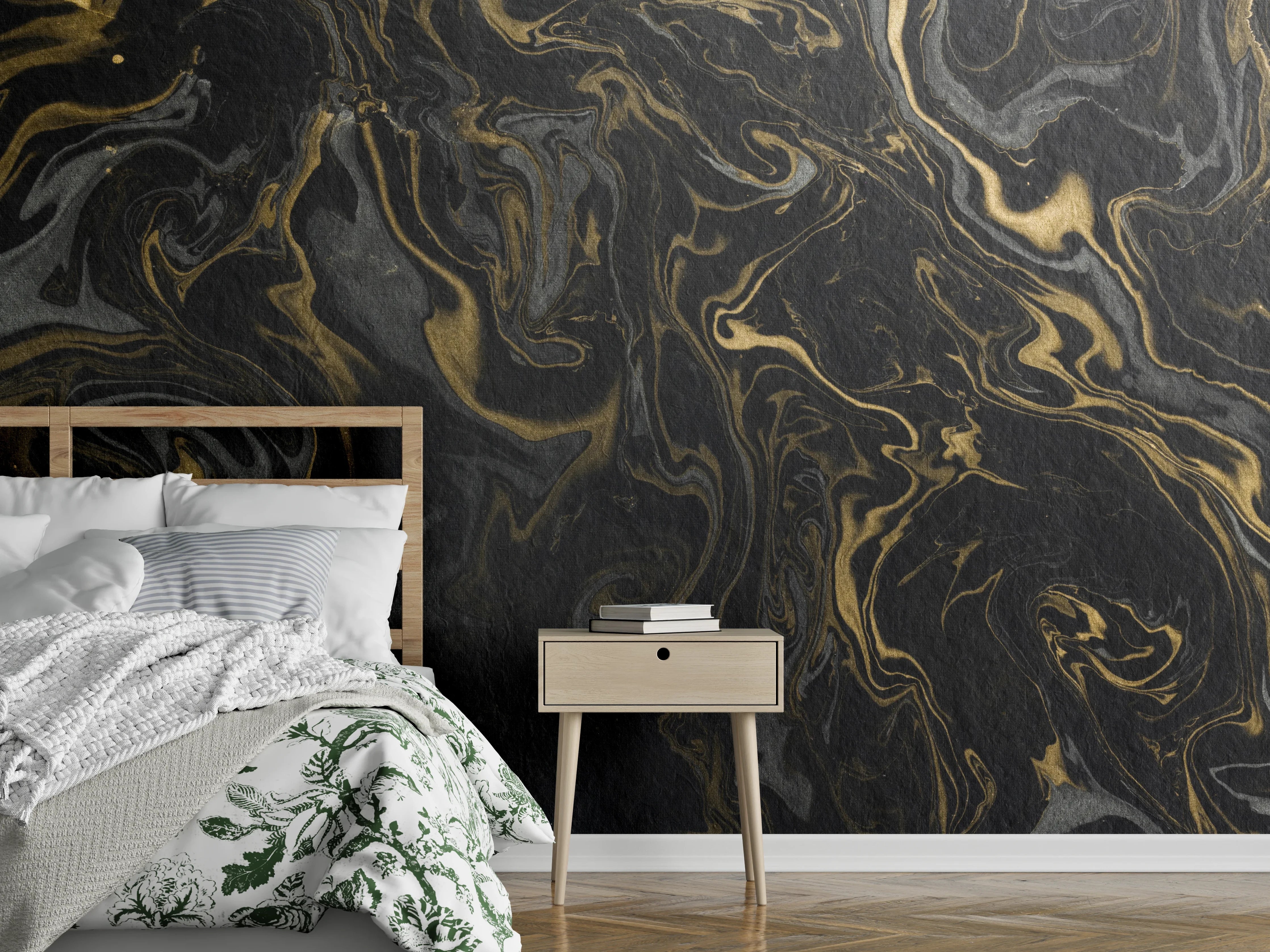 Wandverkleidung Schlafzimmer - Edle Marmoroptik Schwarz-Gold