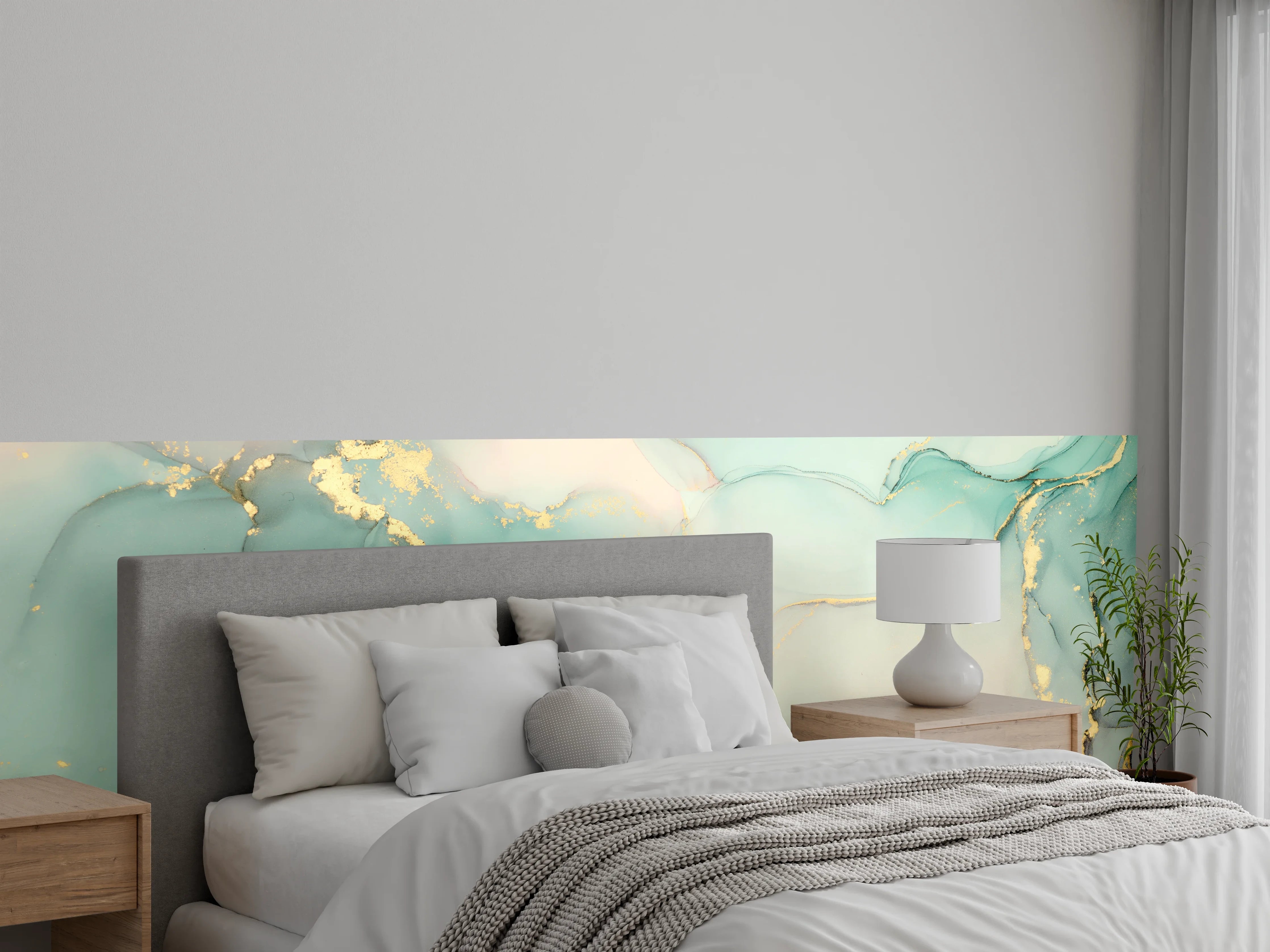 Wandverkleidung Schlafzimmer - Edle Marmoroptik in Türkis und Gold