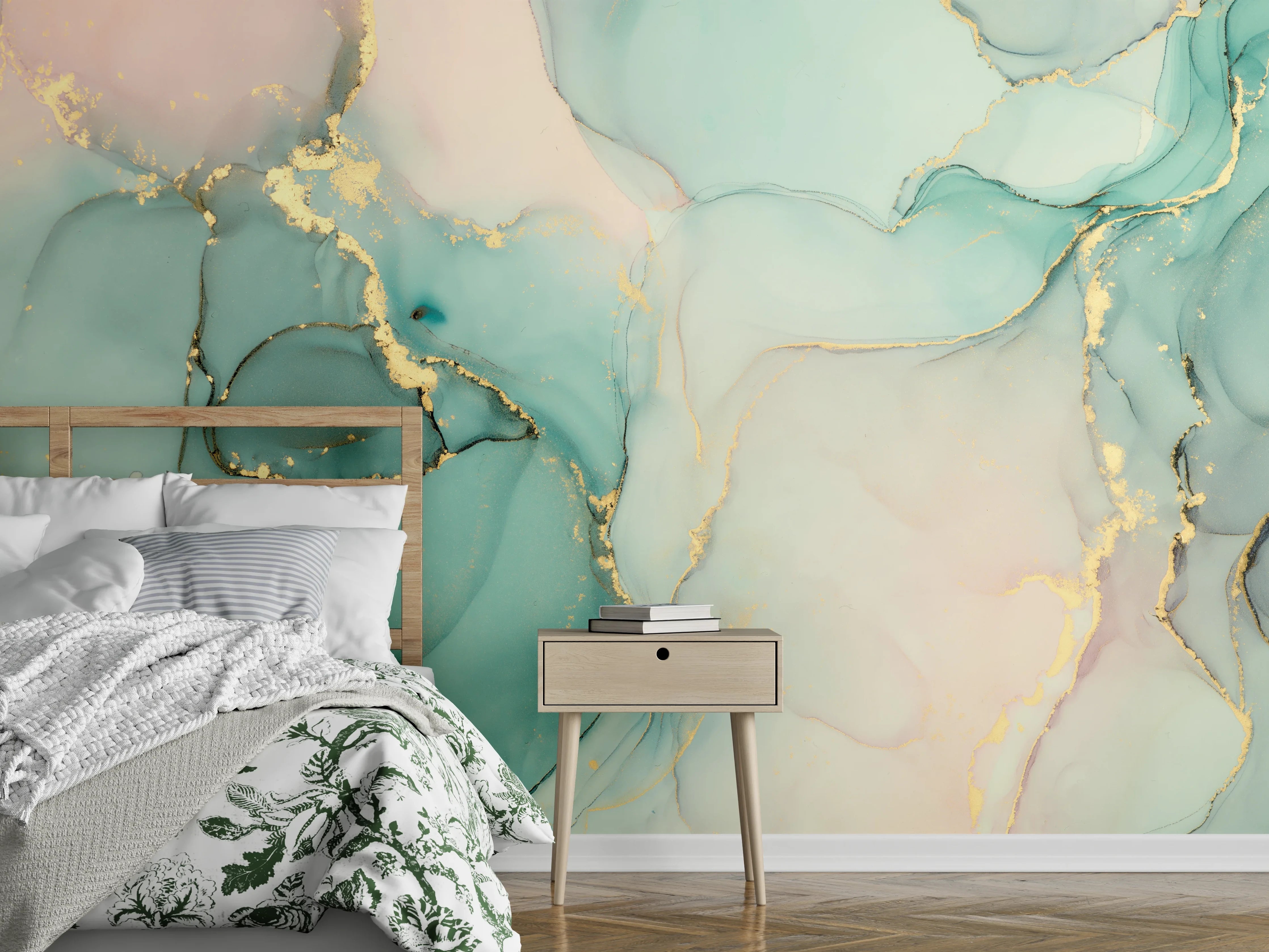 Wandverkleidung Schlafzimmer - Edle Marmoroptik in Türkis und Gold