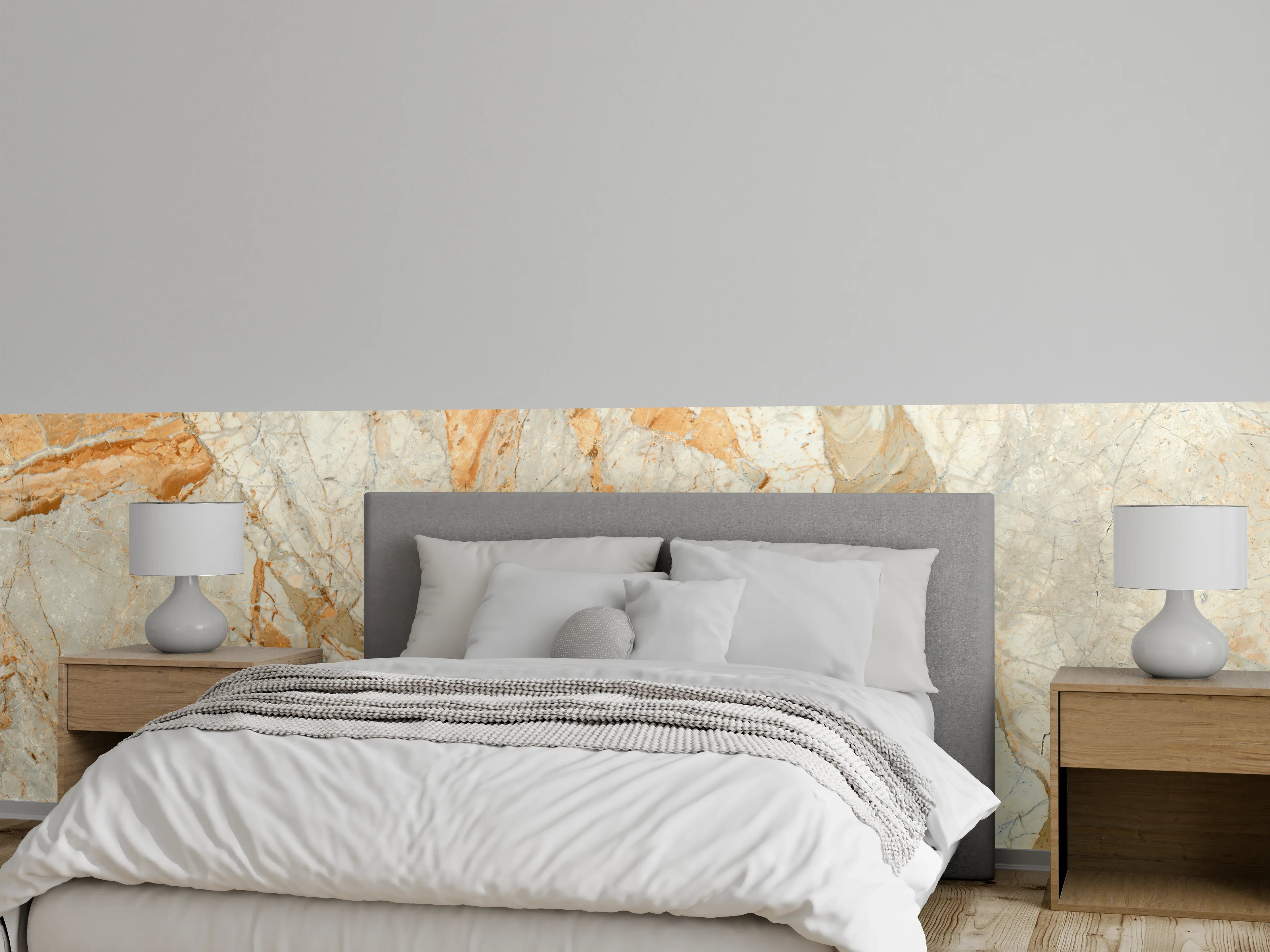 Wandverkleidung Schlafzimmer - Edle Marmoroptik in warmen Weißtönen