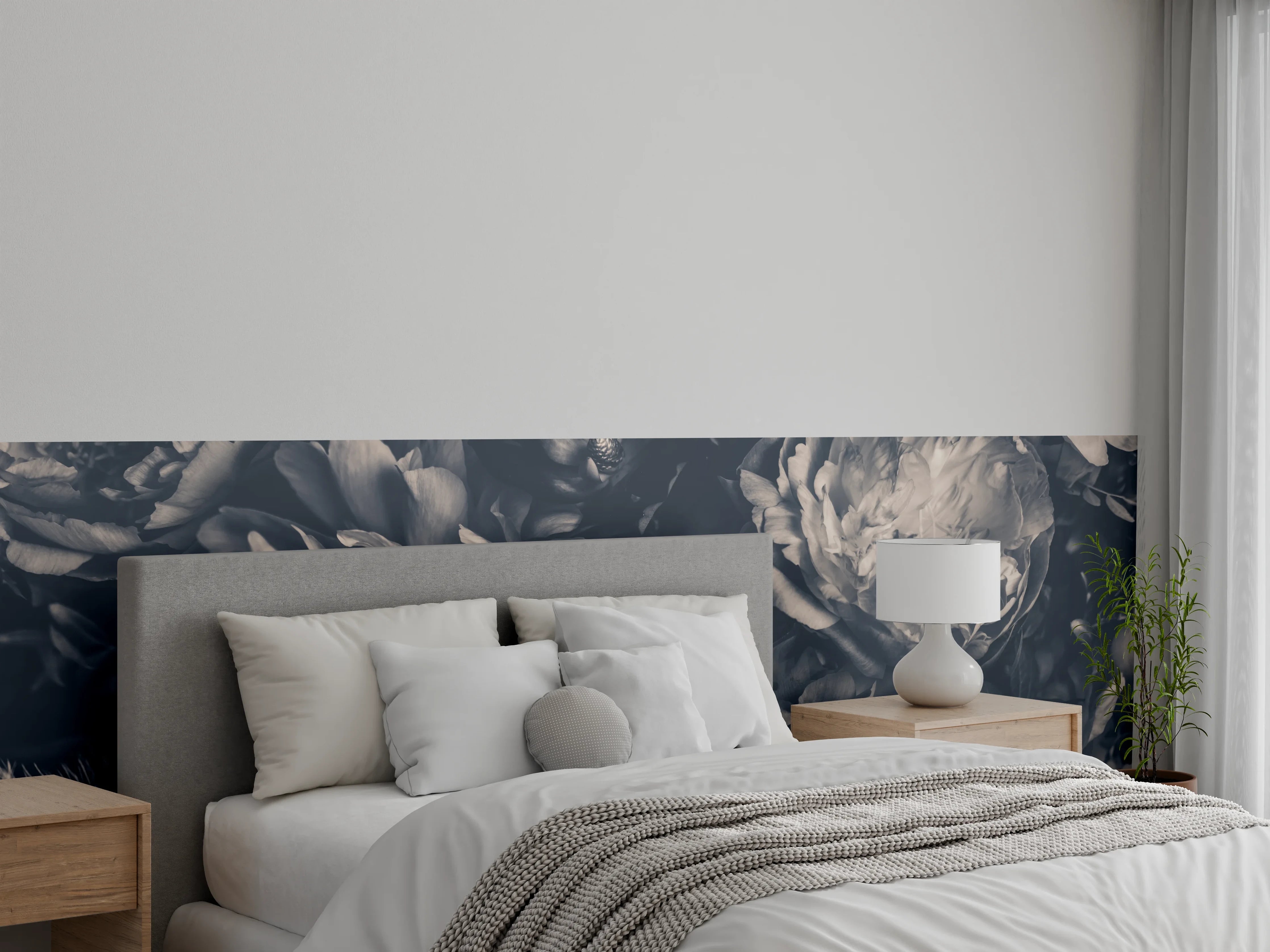 Wandverkleidung Schlafzimmer - Edle Schwarz-Weiß Blumen Wanddeko