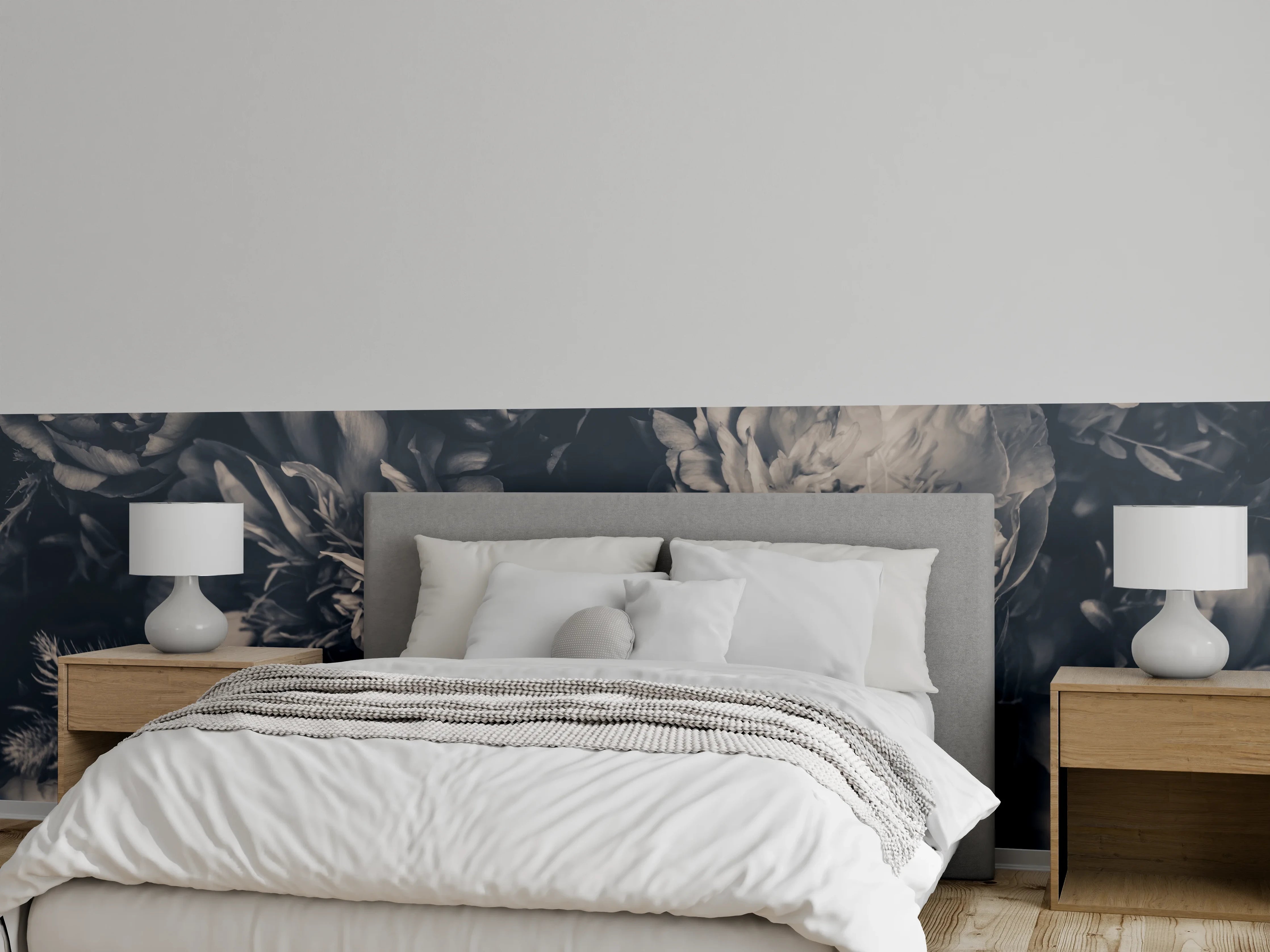 Wandverkleidung Schlafzimmer - Edle Schwarz-Weiß Blumen Wanddeko