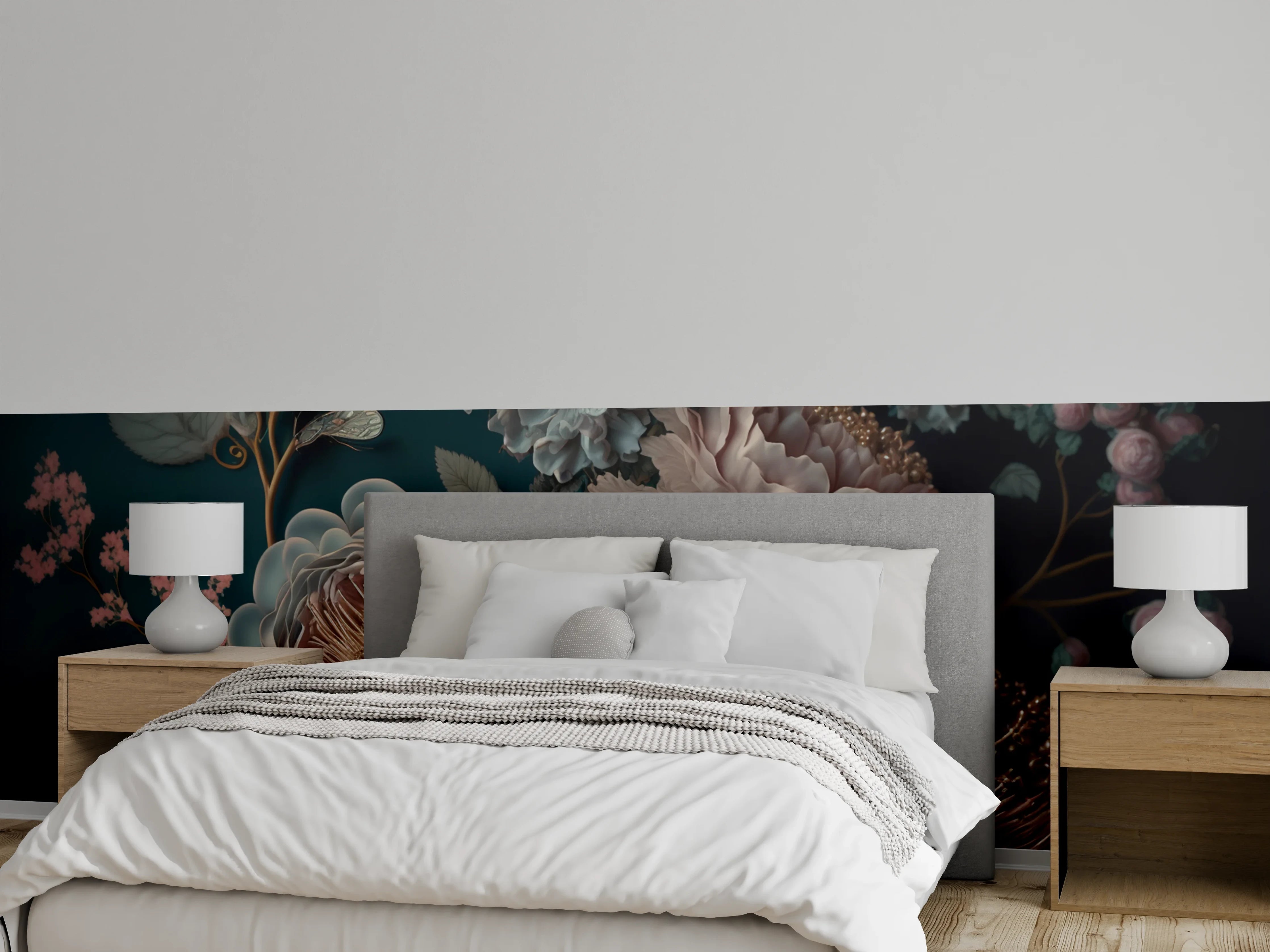 Wandverkleidung Schlafzimmer - Edle Vintage-Blumen in sanften Pastelltönen