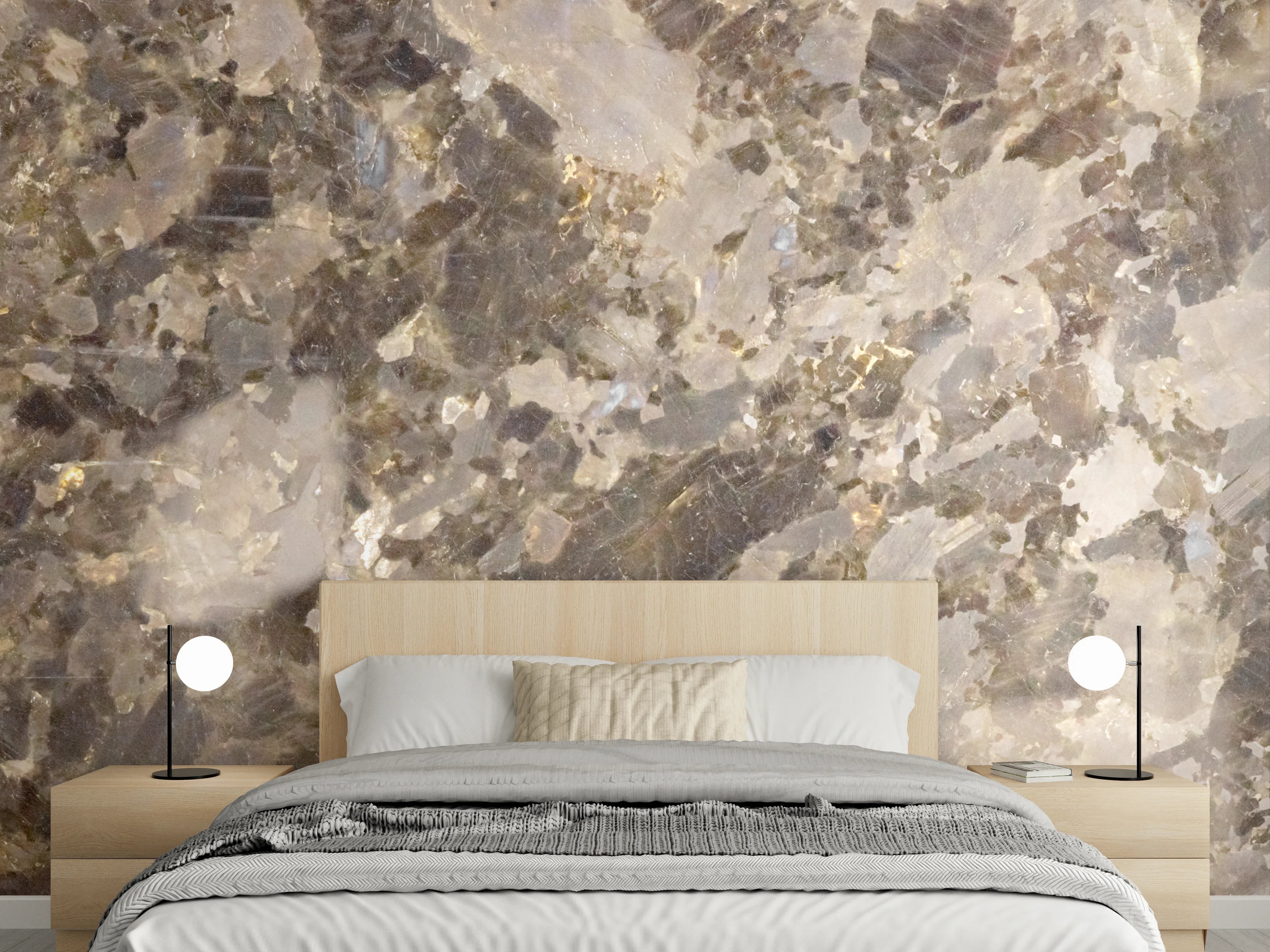 Wandverkleidung Schlafzimmer - Edler Granit Braun-Grau Glanzoptik