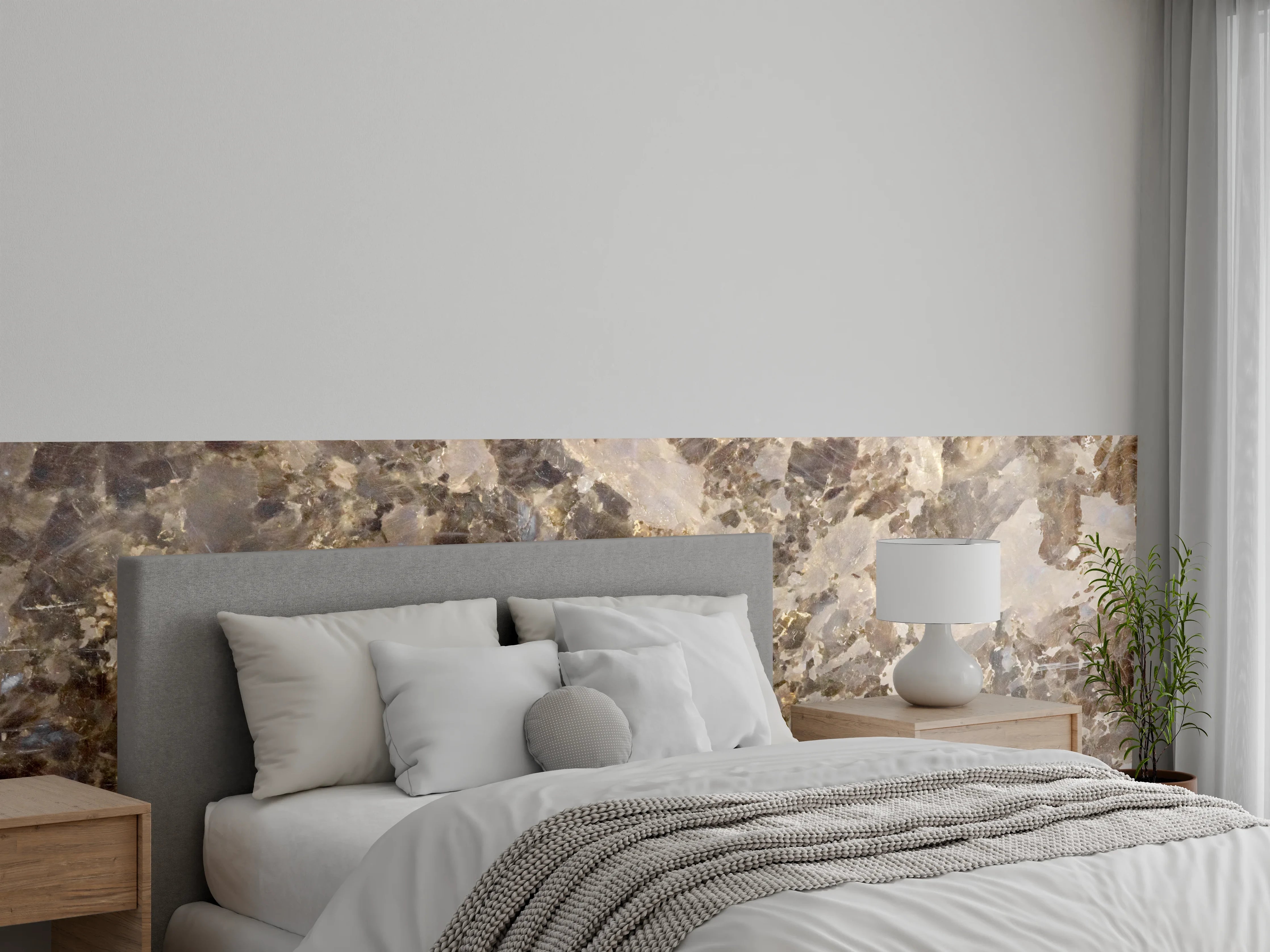 Wandverkleidung Schlafzimmer - Edler Granit Braun-Grau Glanzoptik