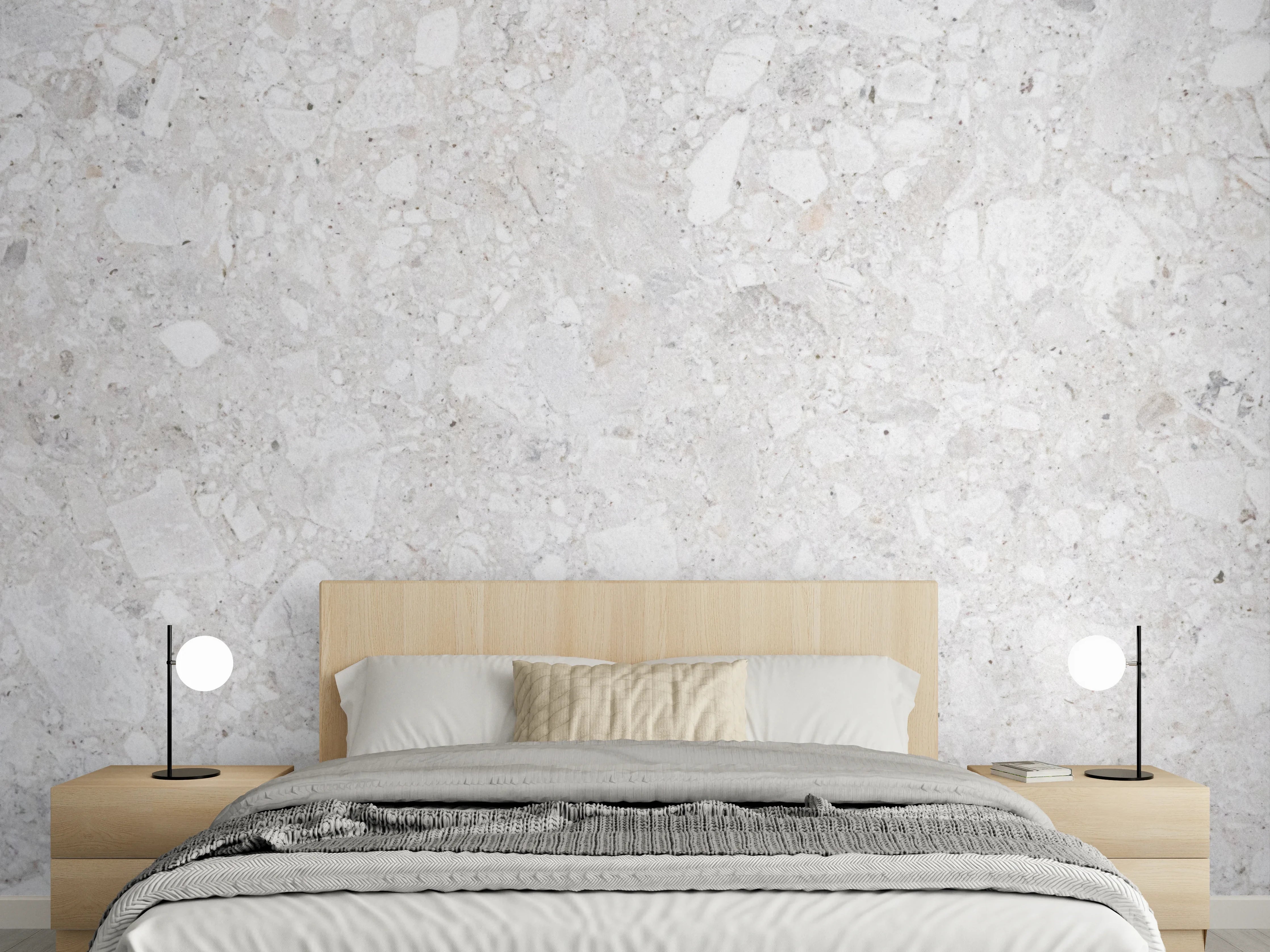 Wandverkleidung Schlafzimmer - Edler Kalkstein in Weiß-Grau