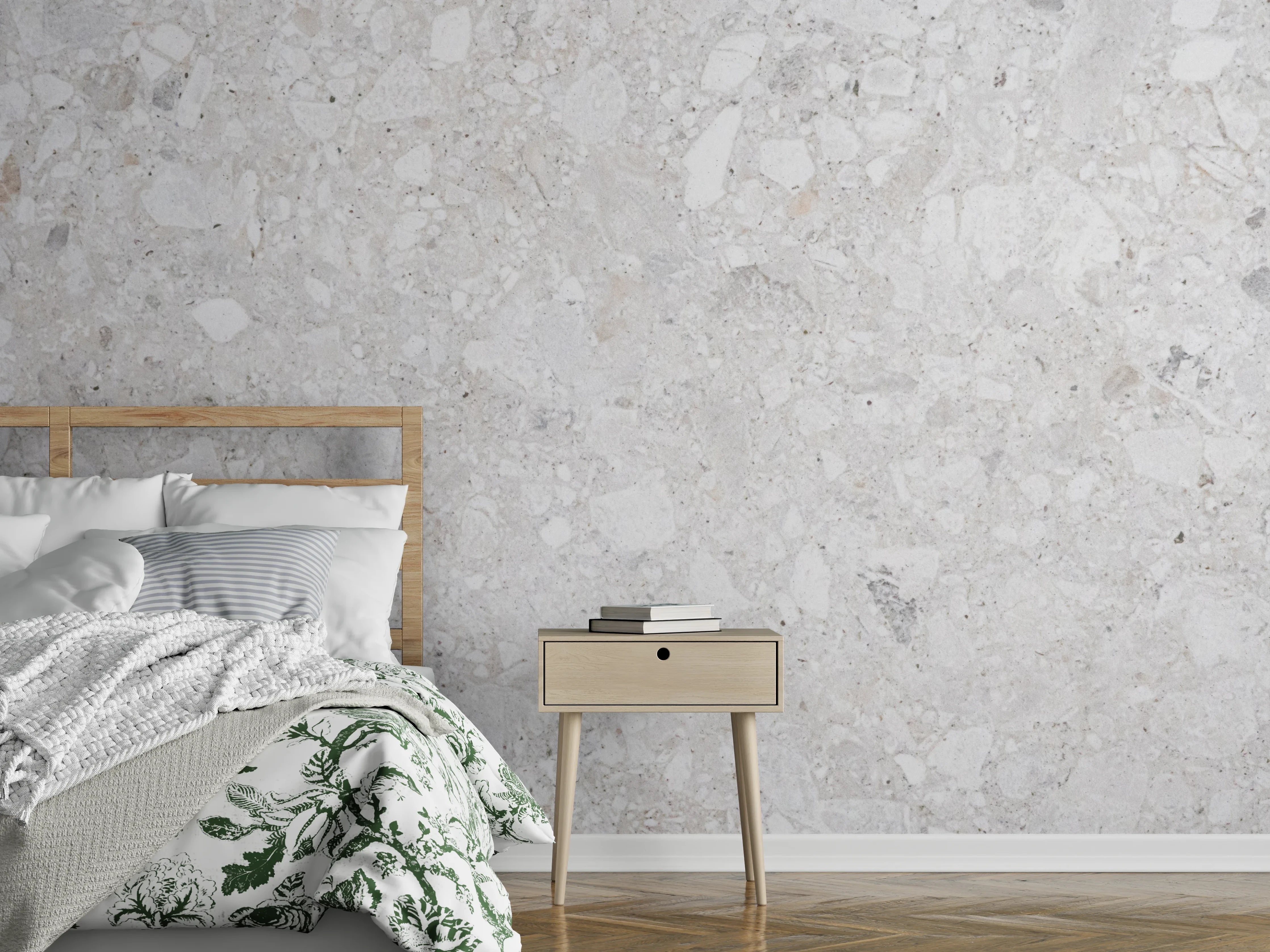 Wandverkleidung Schlafzimmer - Edler Kalkstein in Weiß-Grau