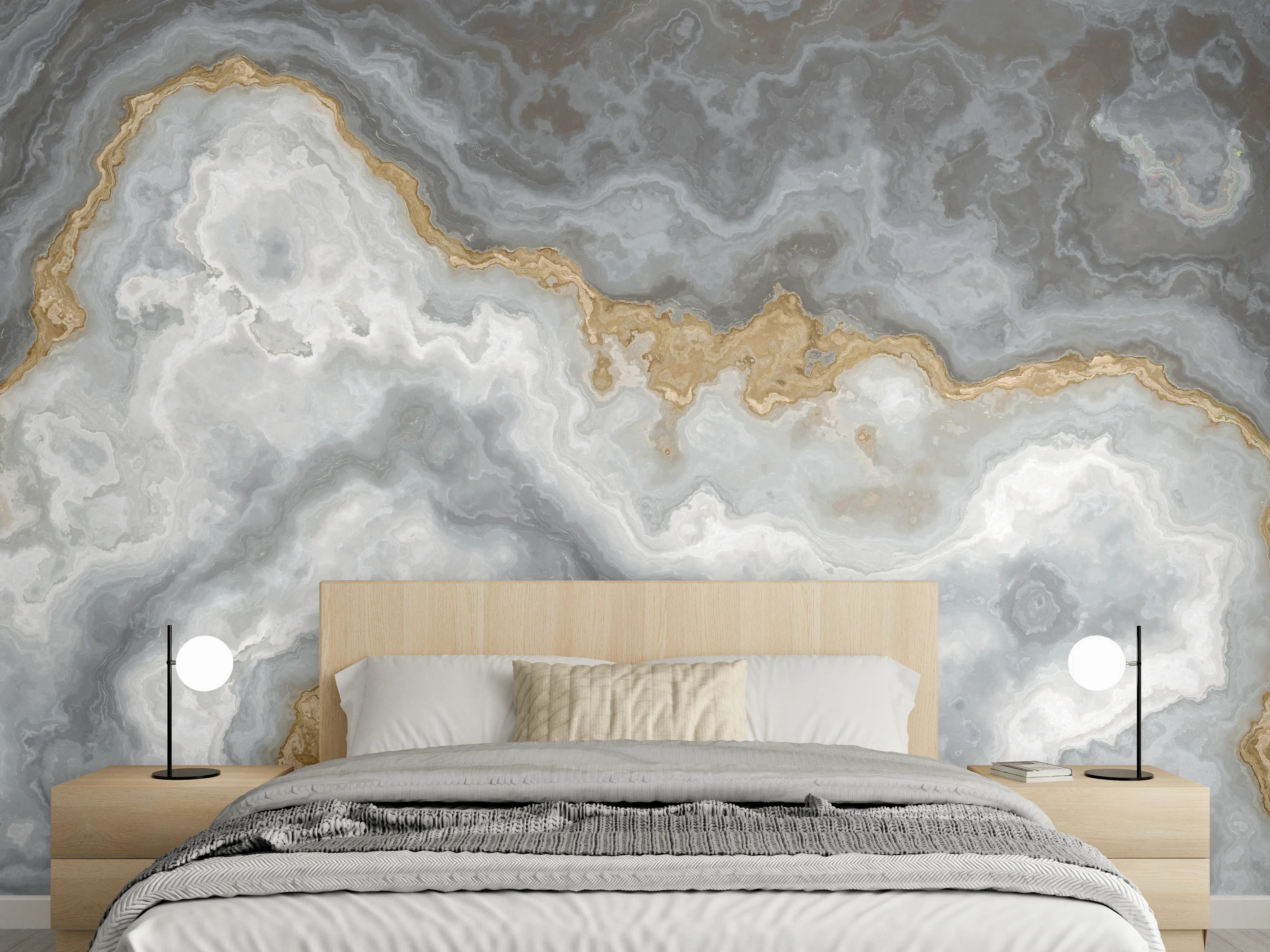 Wandverkleidung Schlafzimmer - Edler Marmor-Look Wandbild Grau-Gold