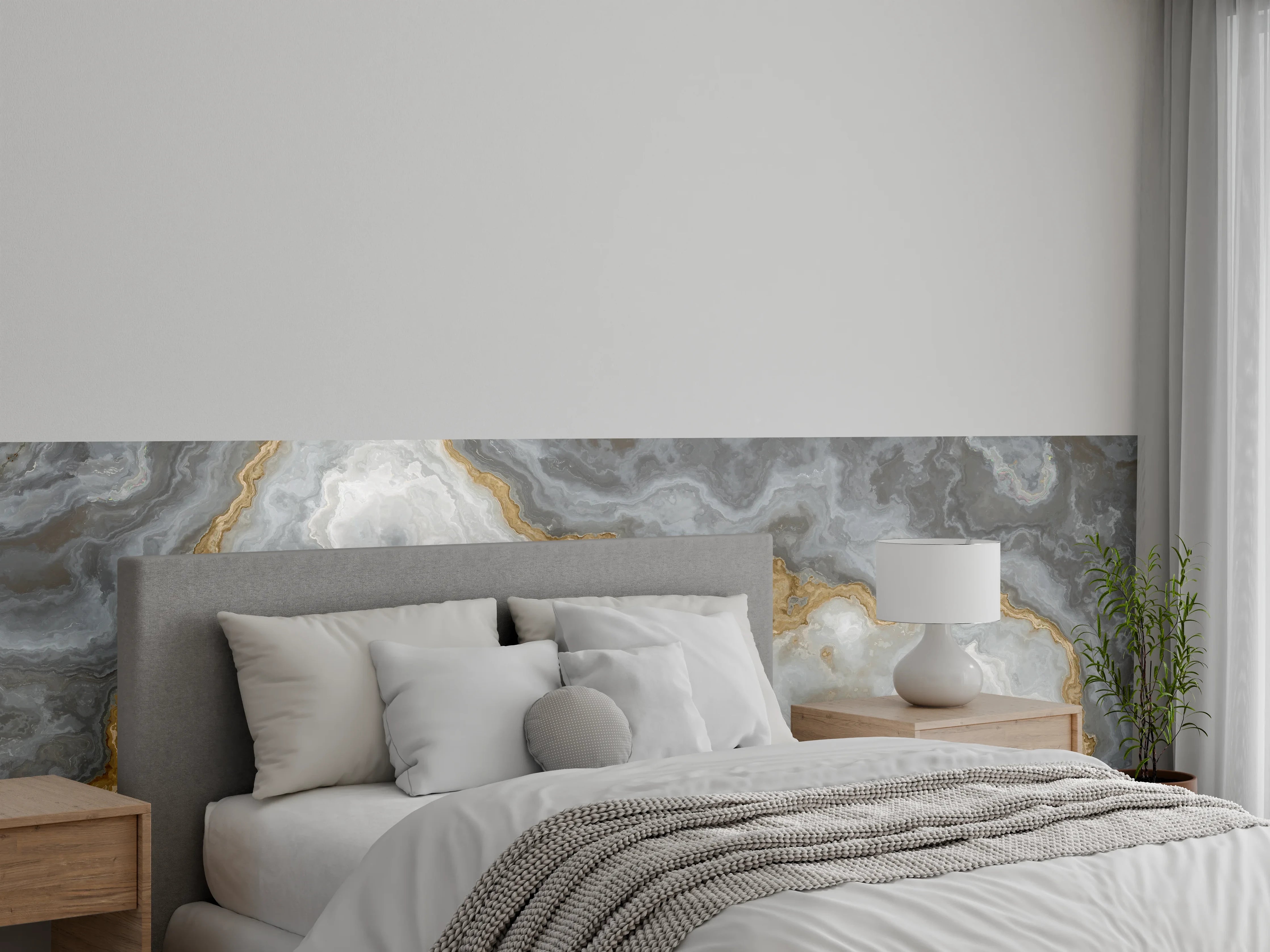 Wandverkleidung Schlafzimmer - Edler Marmor-Look Wandbild Grau-Gold