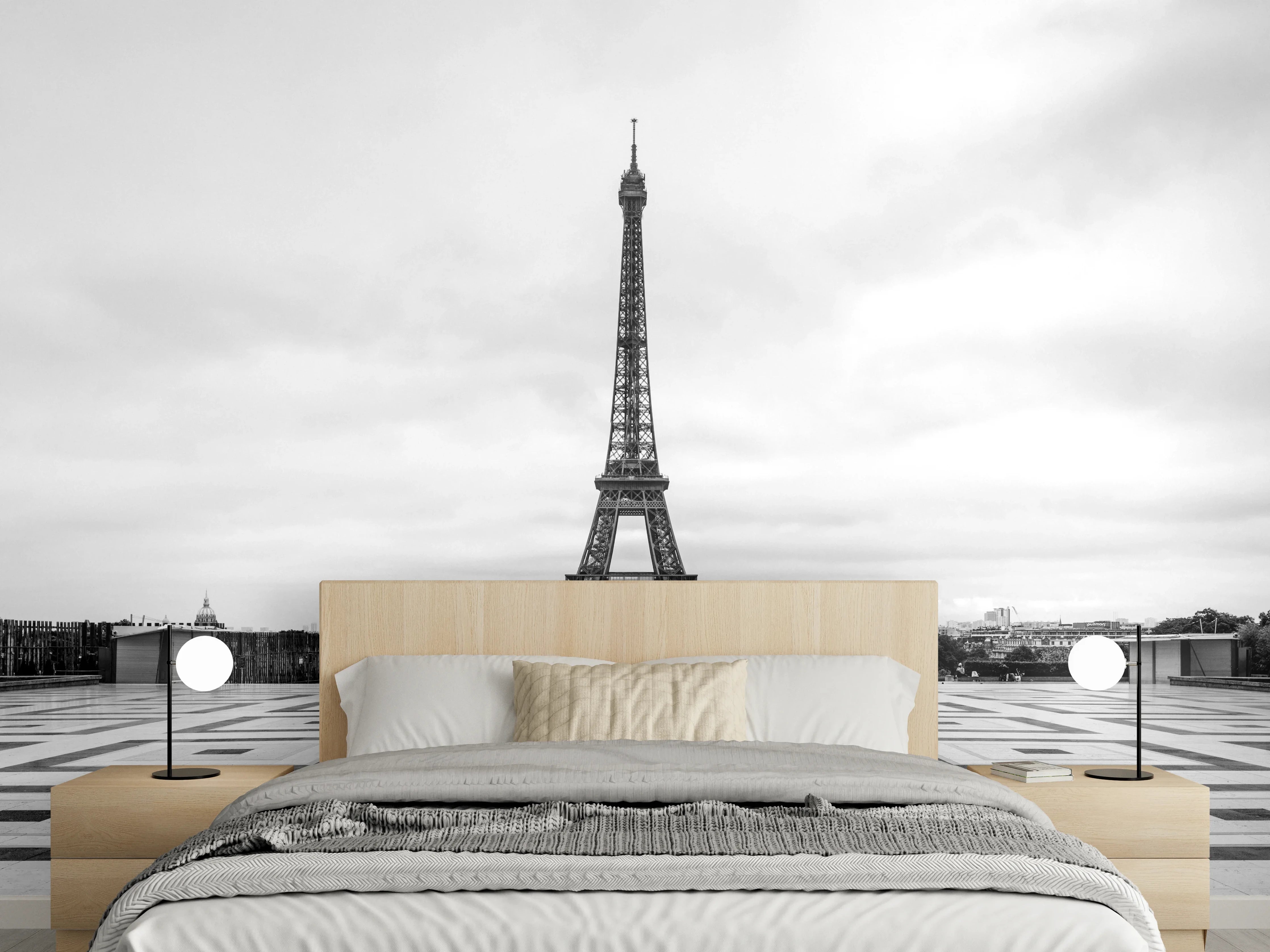 Wandverkleidung Schlafzimmer - Eiffelturm Paris Schwarz-Weiß Panorama