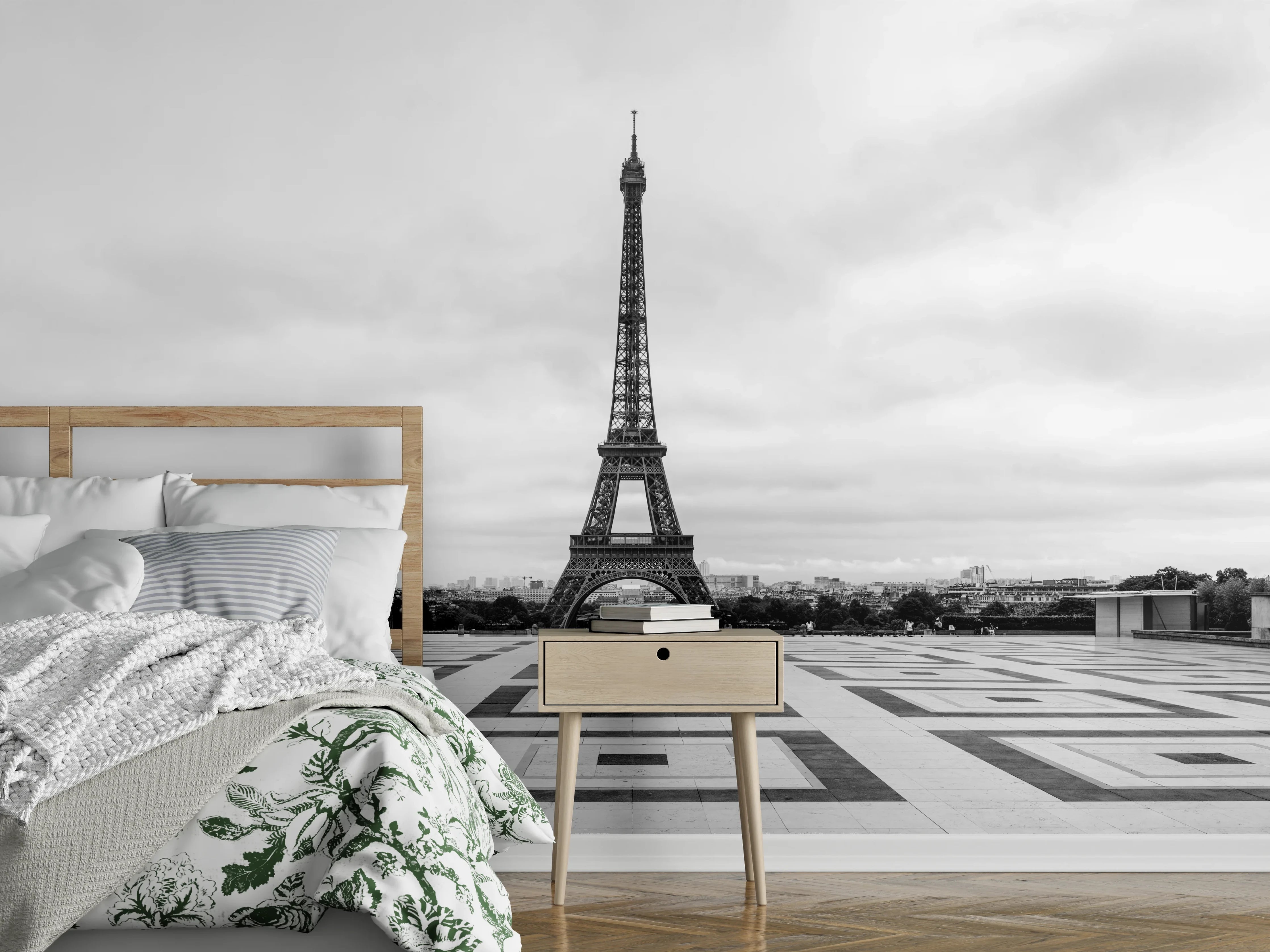 Wandverkleidung Schlafzimmer - Eiffelturm Paris Schwarz-Weiß Panorama