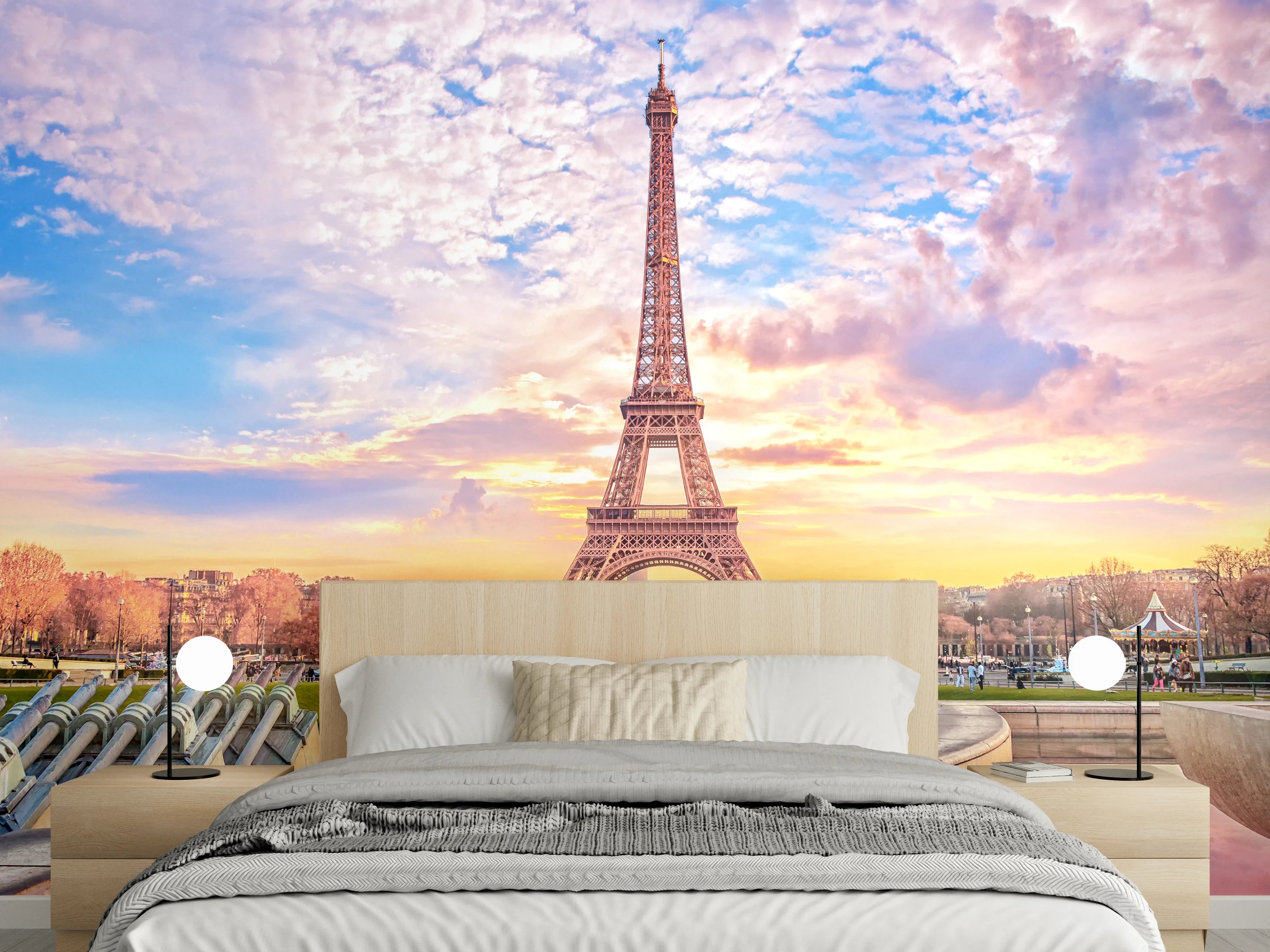 Wandverkleidung Schlafzimmer - Eiffelturm bei Sonnenuntergang Panorama