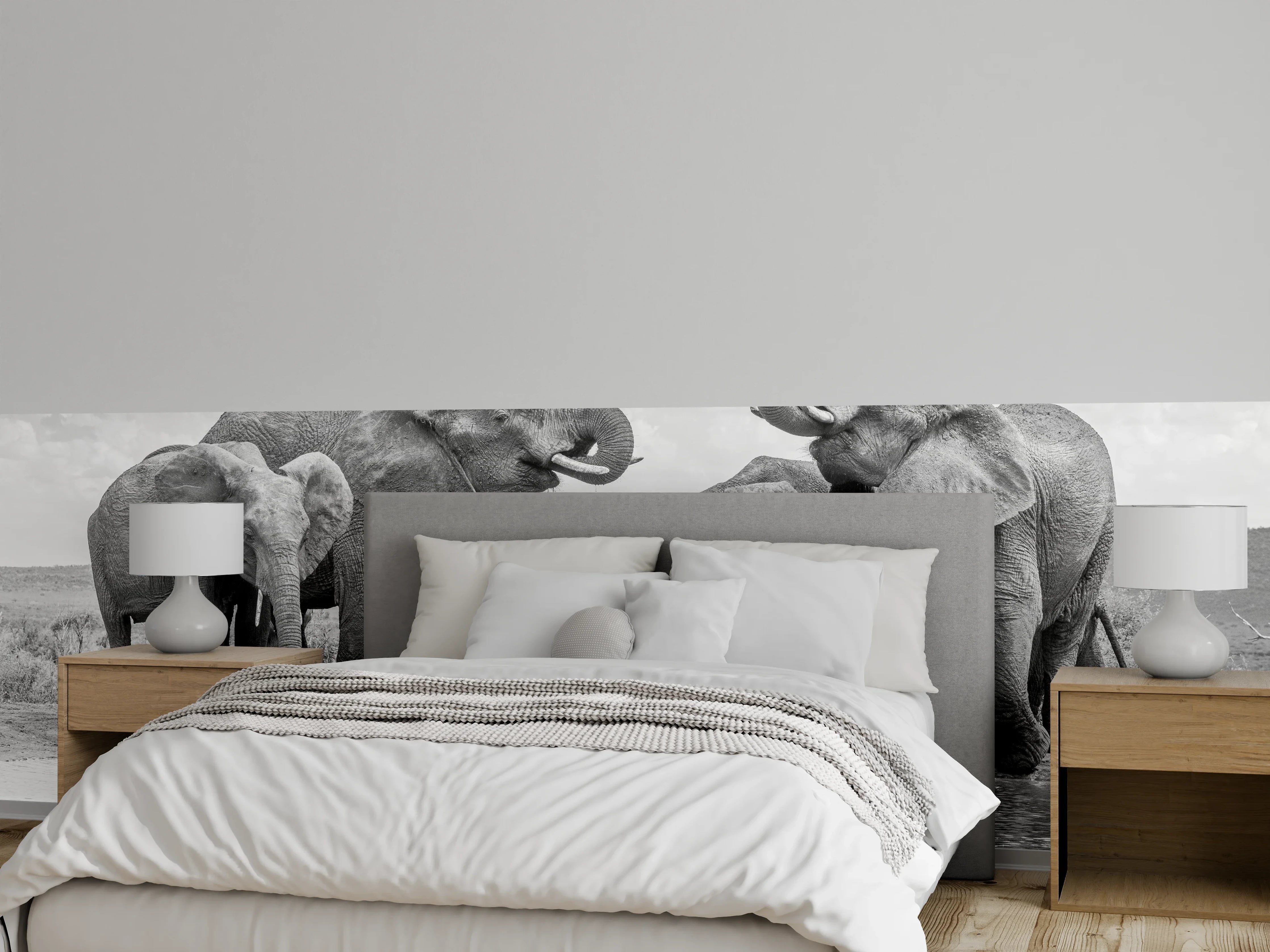 Wandverkleidung Schlafzimmer - Elefanten an der Wasserstelle